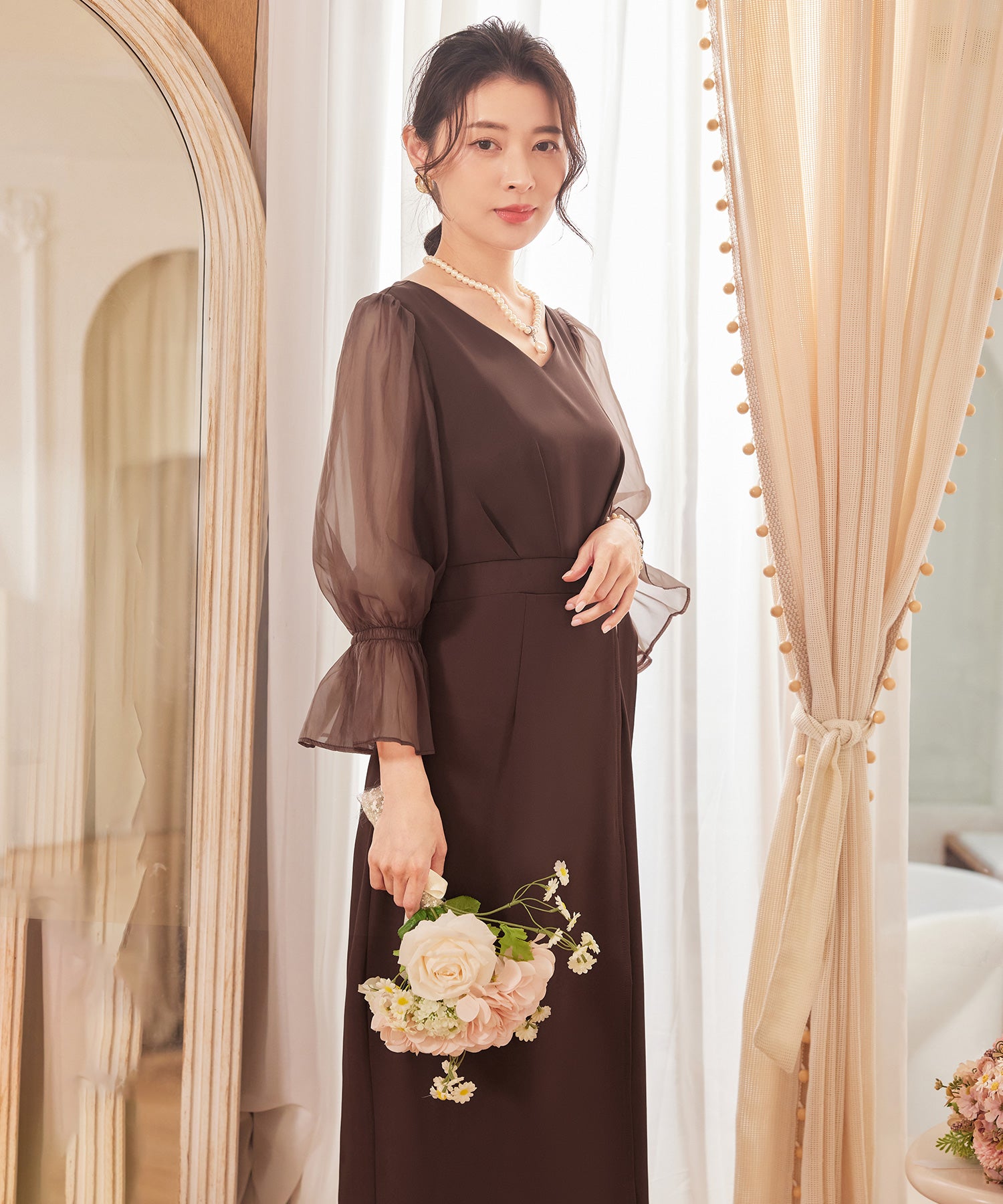 パーティードレス 結婚式 ワンピース シアー素材cy88613 モカ