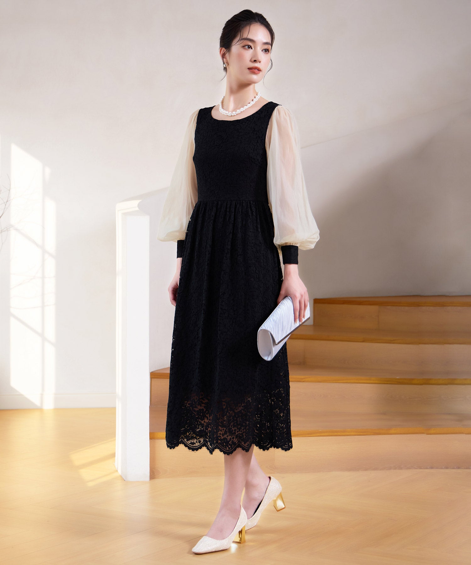 レースとシアー素材を切り替えた大人ドレスワンピースcy88620 ブラック