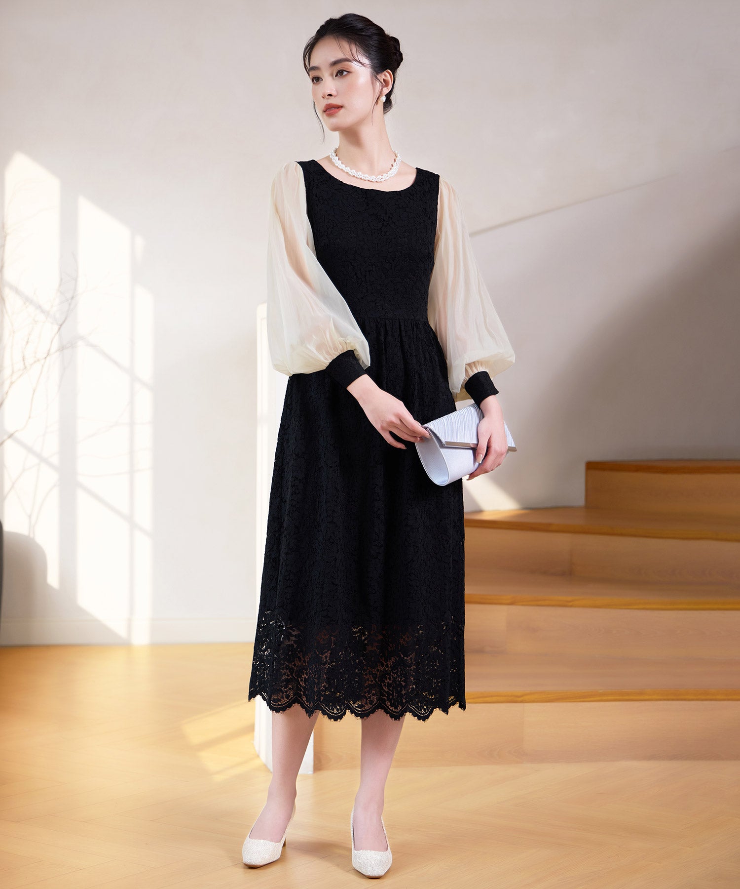 レースとシアー素材を切り替えた大人ドレスワンピースcy88620 ブラック