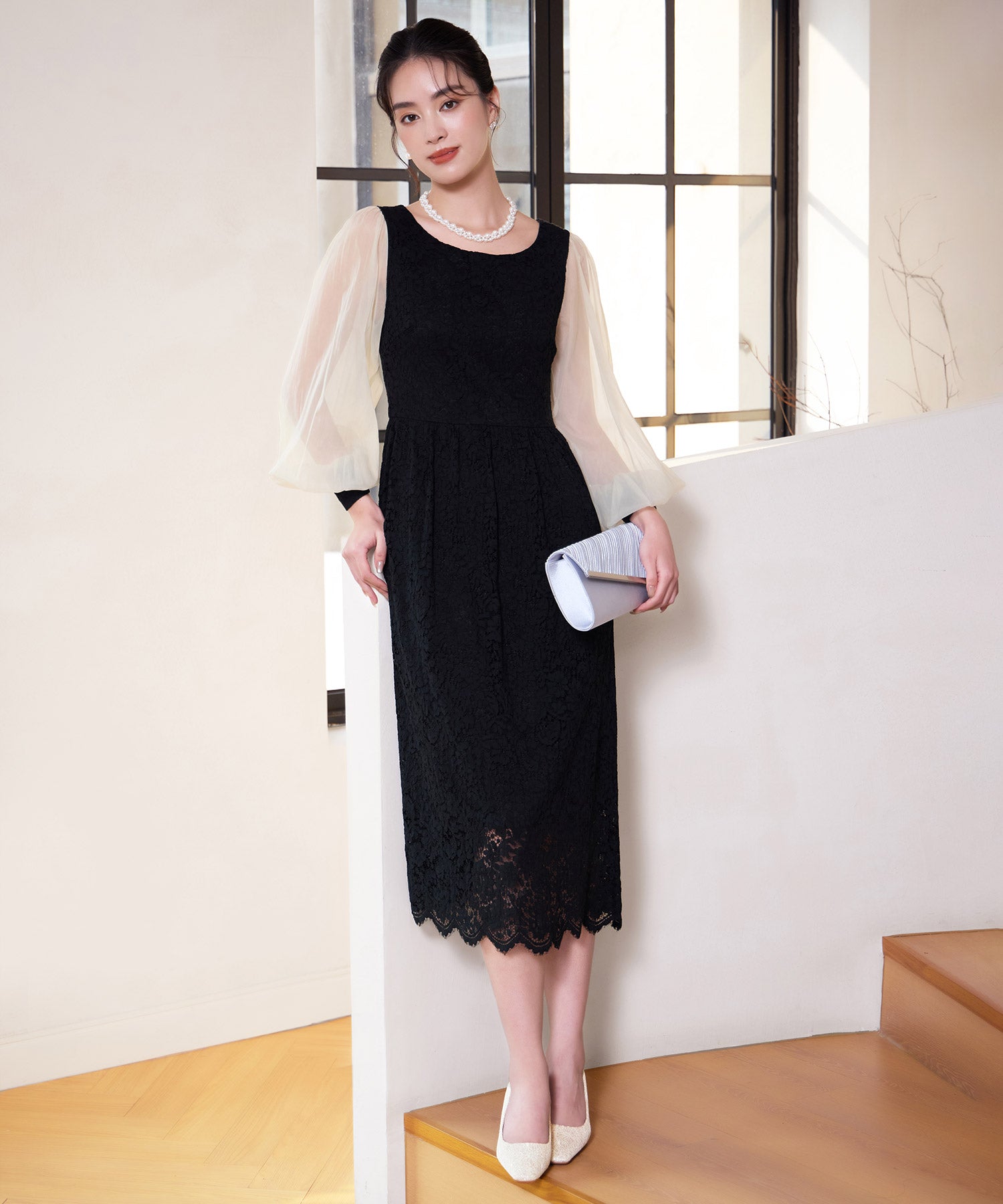 レースとシアー素材を切り替えた大人ドレスワンピースcy88620 ブラック