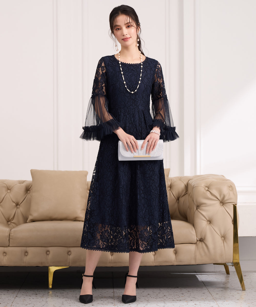 透け袖レースのこなれパーティードレスcy88653 ネイビー – [公式