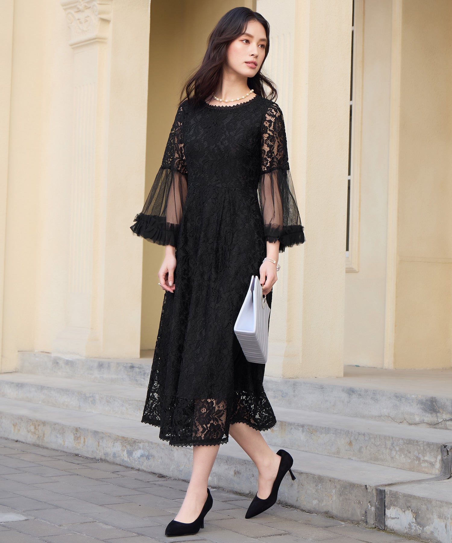 透け袖レースのこなれパーティードレスcy88653 ブラック