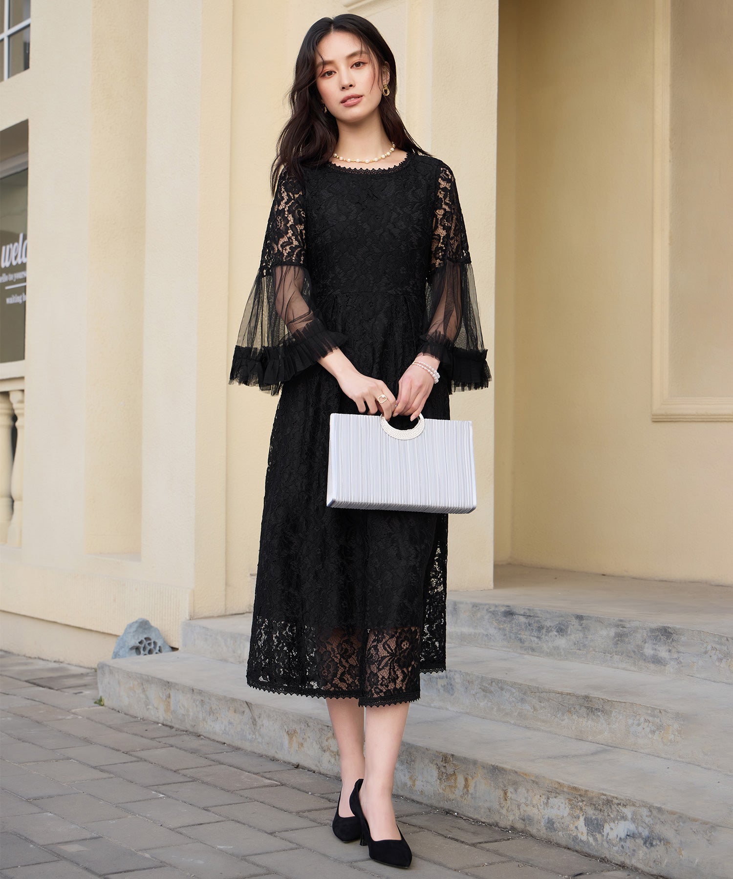 透け袖レースのこなれパーティードレスcy88653 ブラック