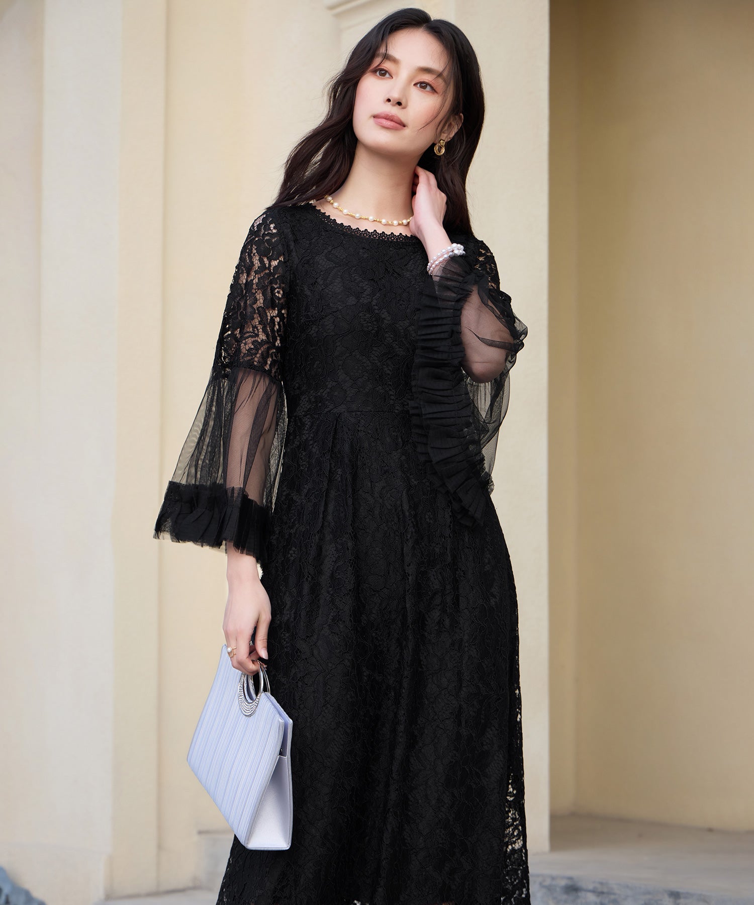 透け袖レースのこなれパーティードレスcy88653 ブラック