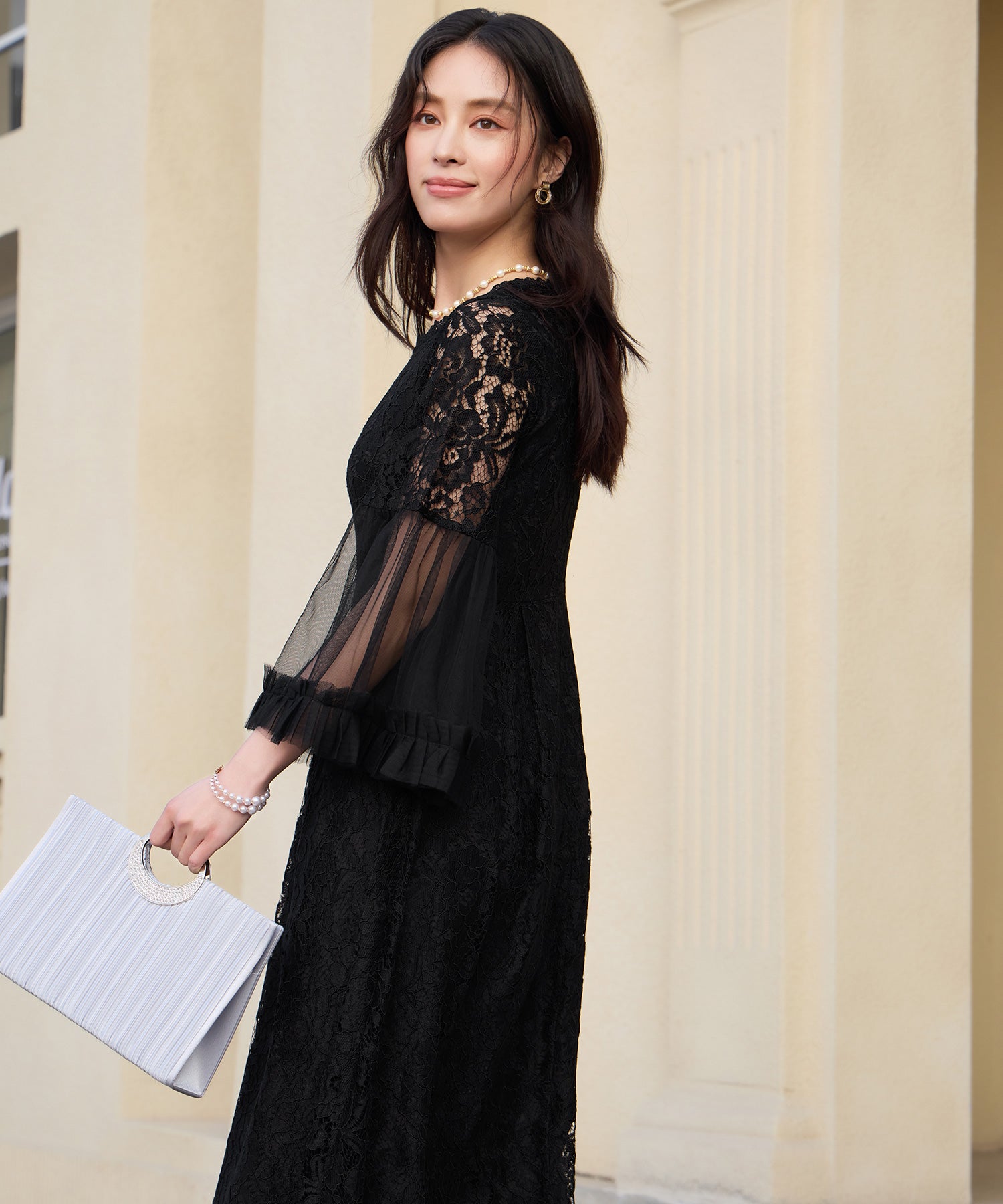 透け袖レースのこなれパーティードレスcy88653 ブラック