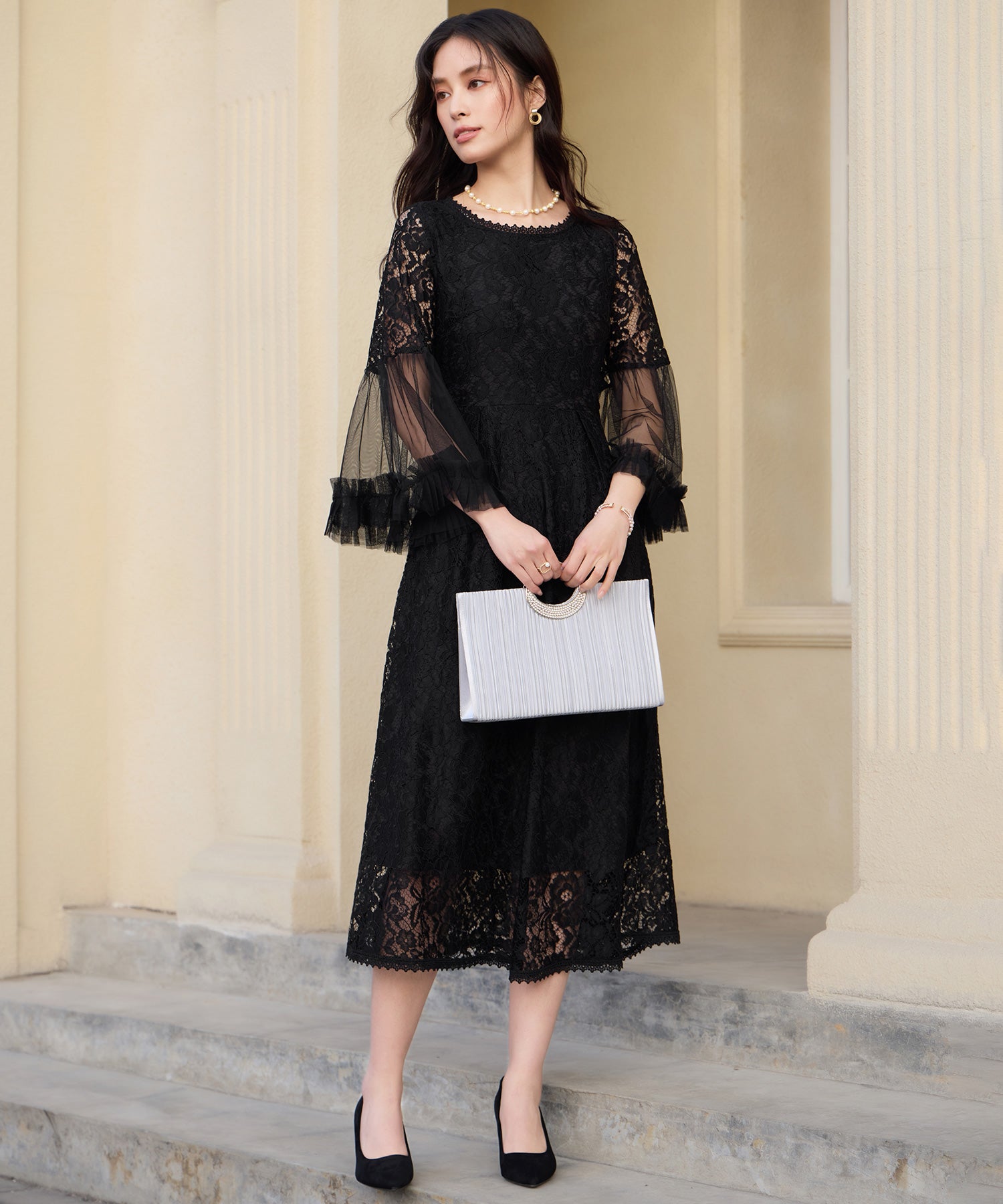 透け袖レースのこなれパーティードレスcy88653 ブラック