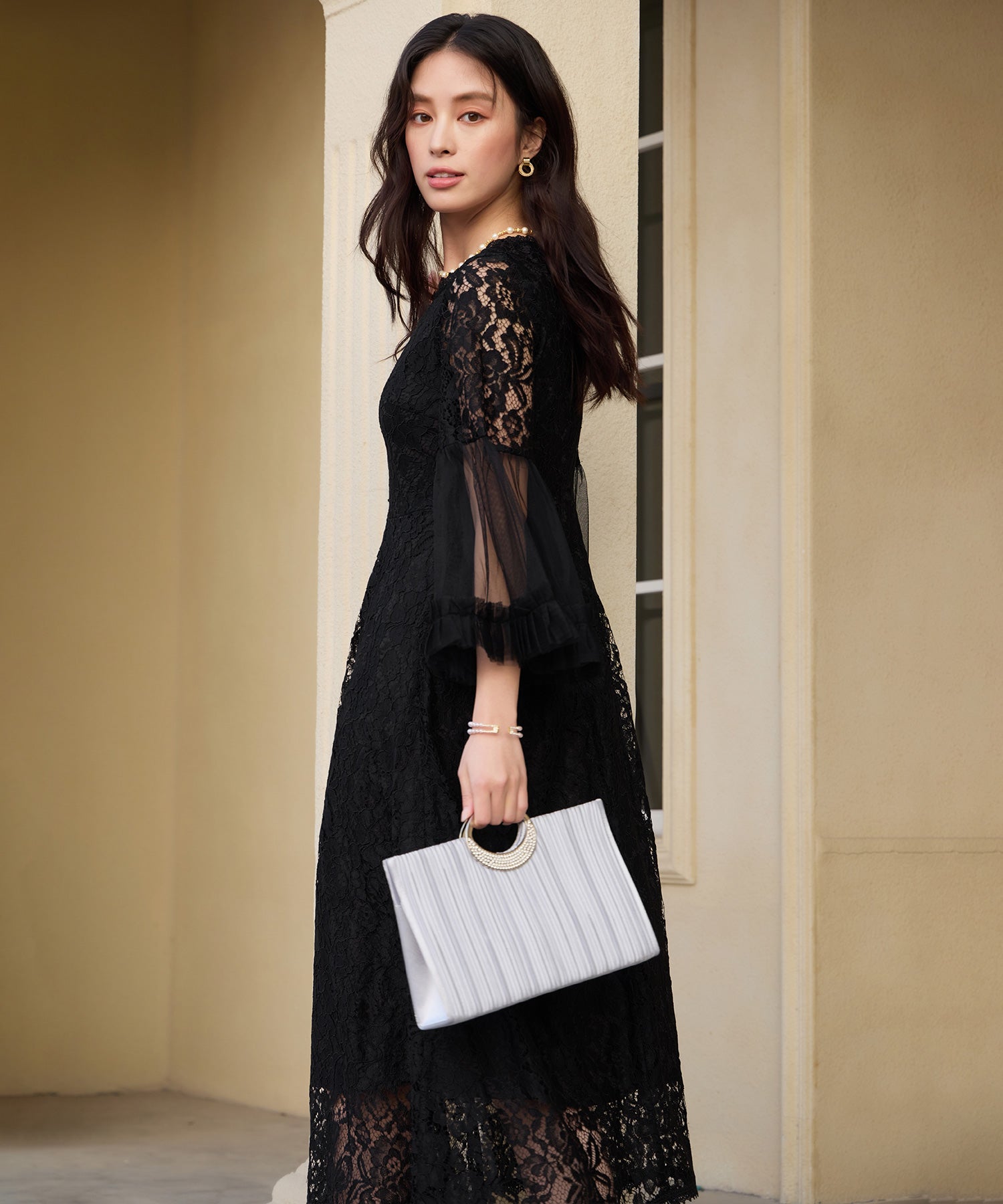 透け袖レースのこなれパーティードレスcy88653 ブラック