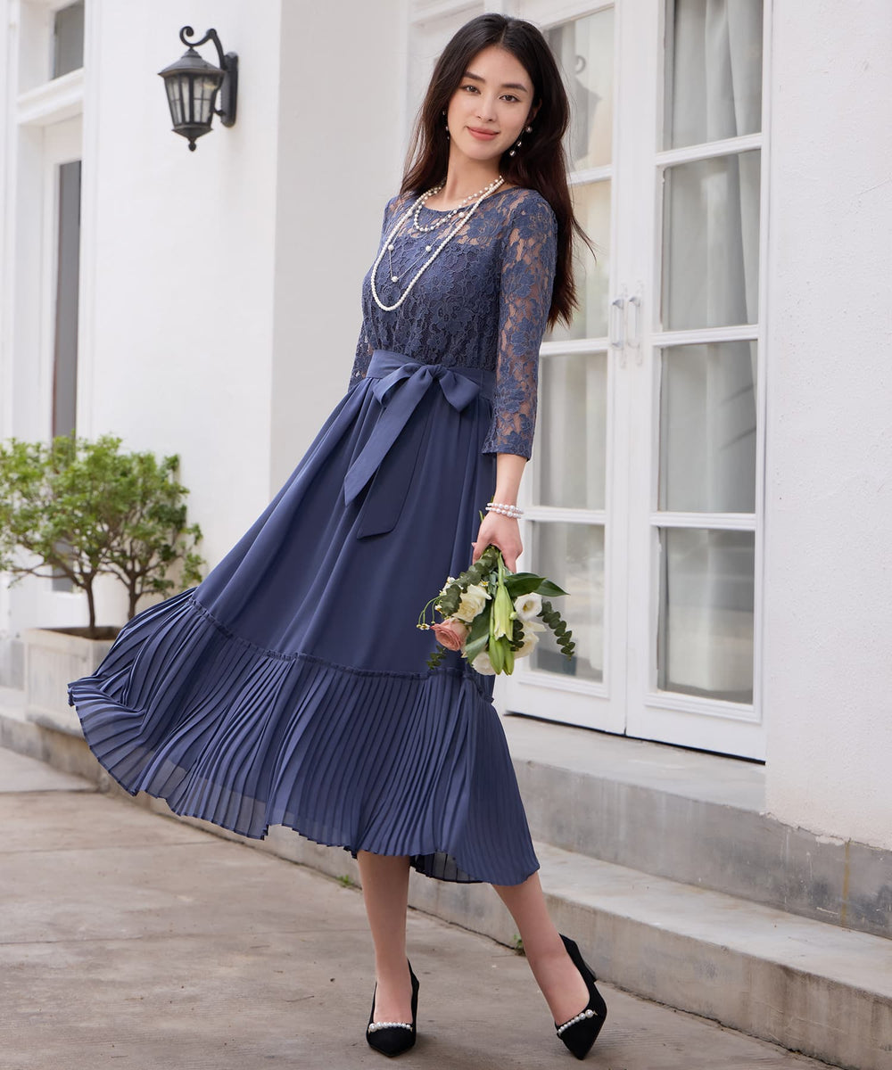 レース×プリーツのパーティーワンピースcy88665 コバルトブルー