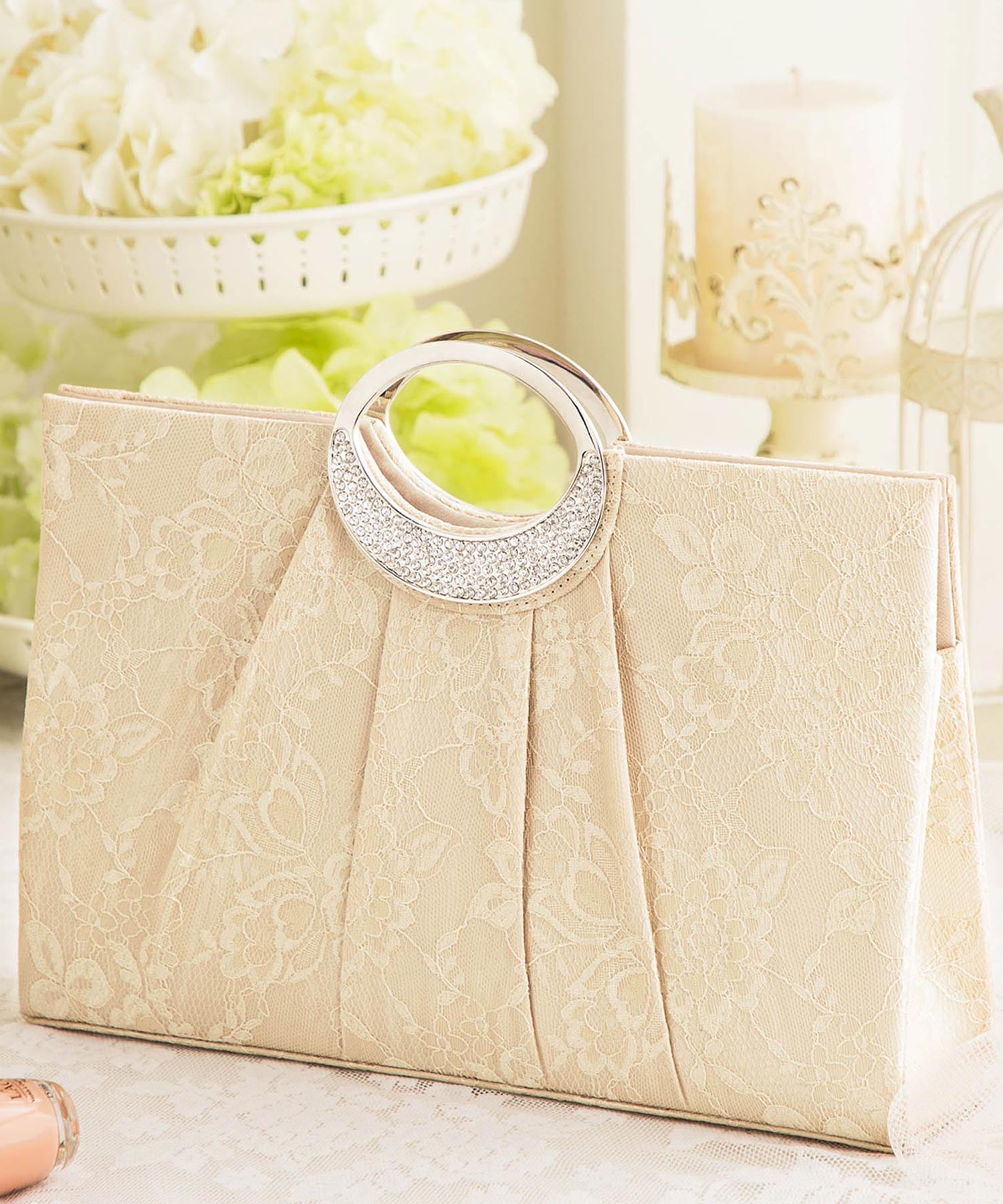 【結婚式・お呼ばれに使えるパーティーバッグ】フラワーレースプリーツパーティーハンドバッグcyb5535