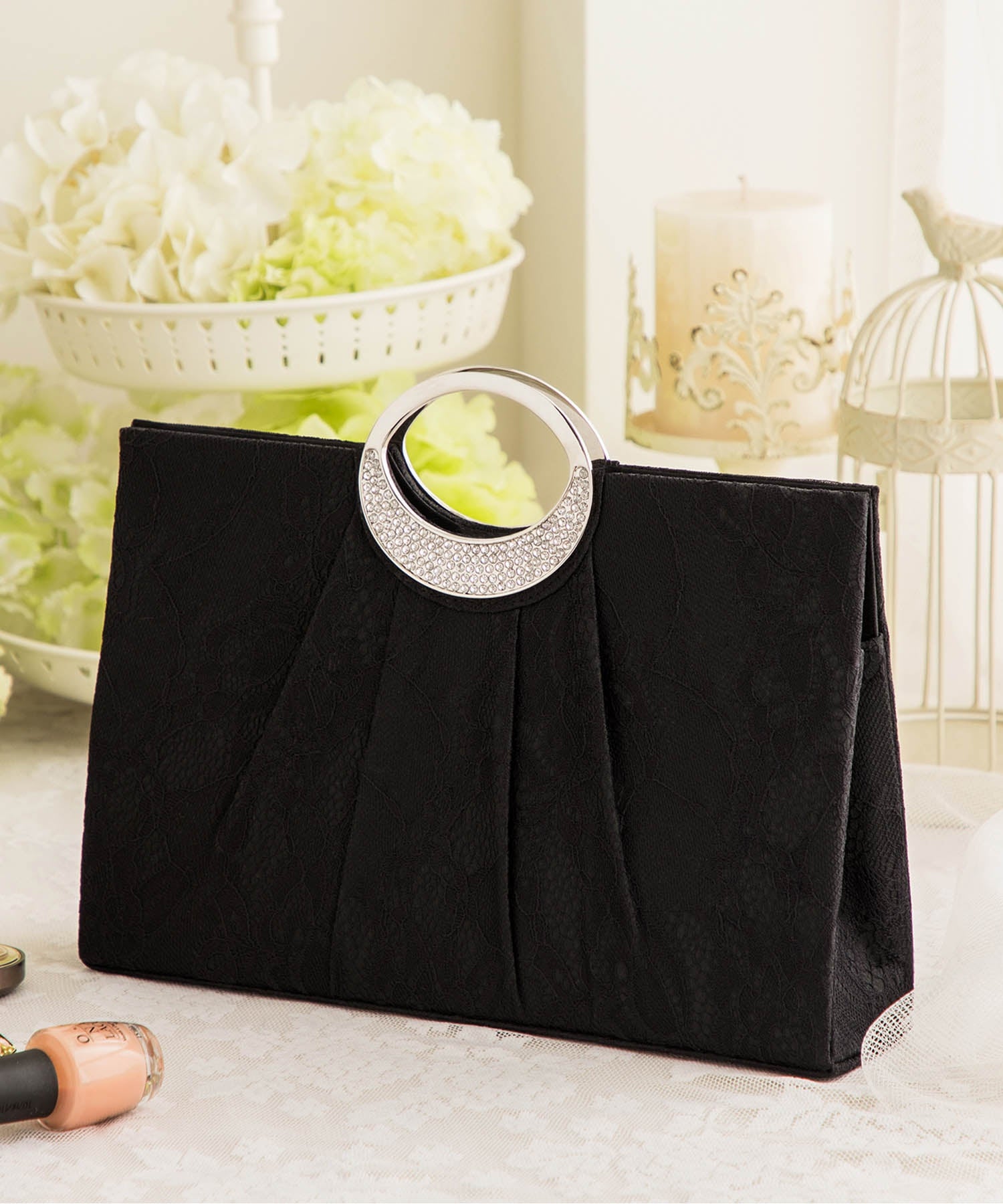 【結婚式・お呼ばれに使えるパーティーバッグ】フラワーレースプリーツパーティーハンドバッグcyb5535