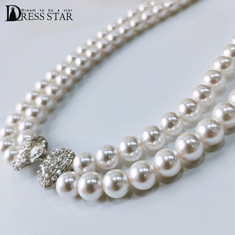 リボンビジュー付き2連フェイクパールネックレス【結婚式】【セレモニー】【パーティー】cyl035