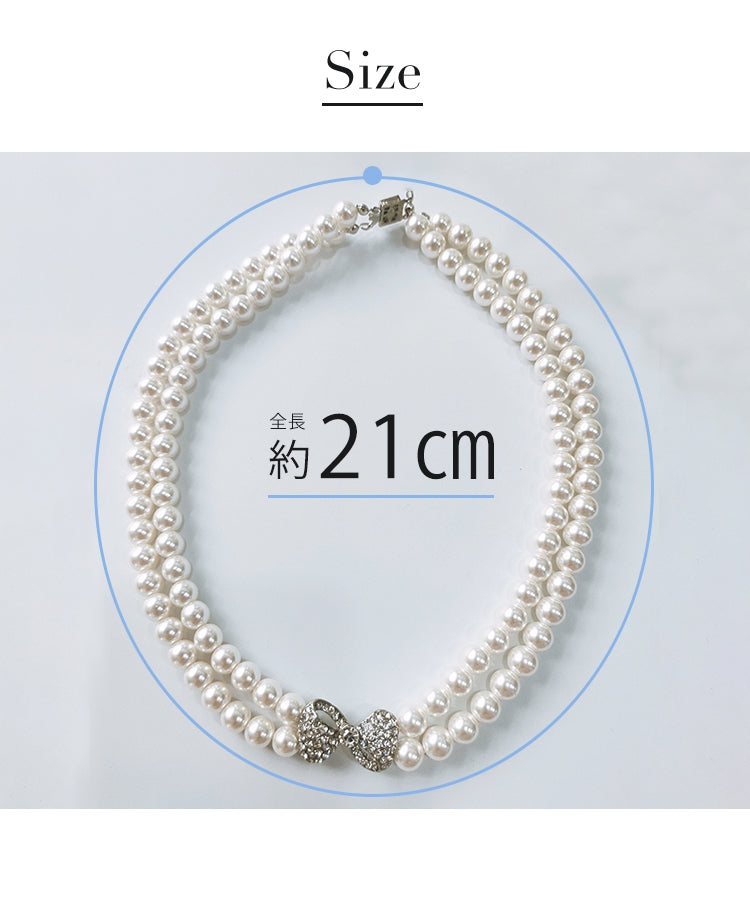 リボンビジュー付き2連フェイクパールネックレス【結婚式】【セレモニー】【パーティー】cyl035