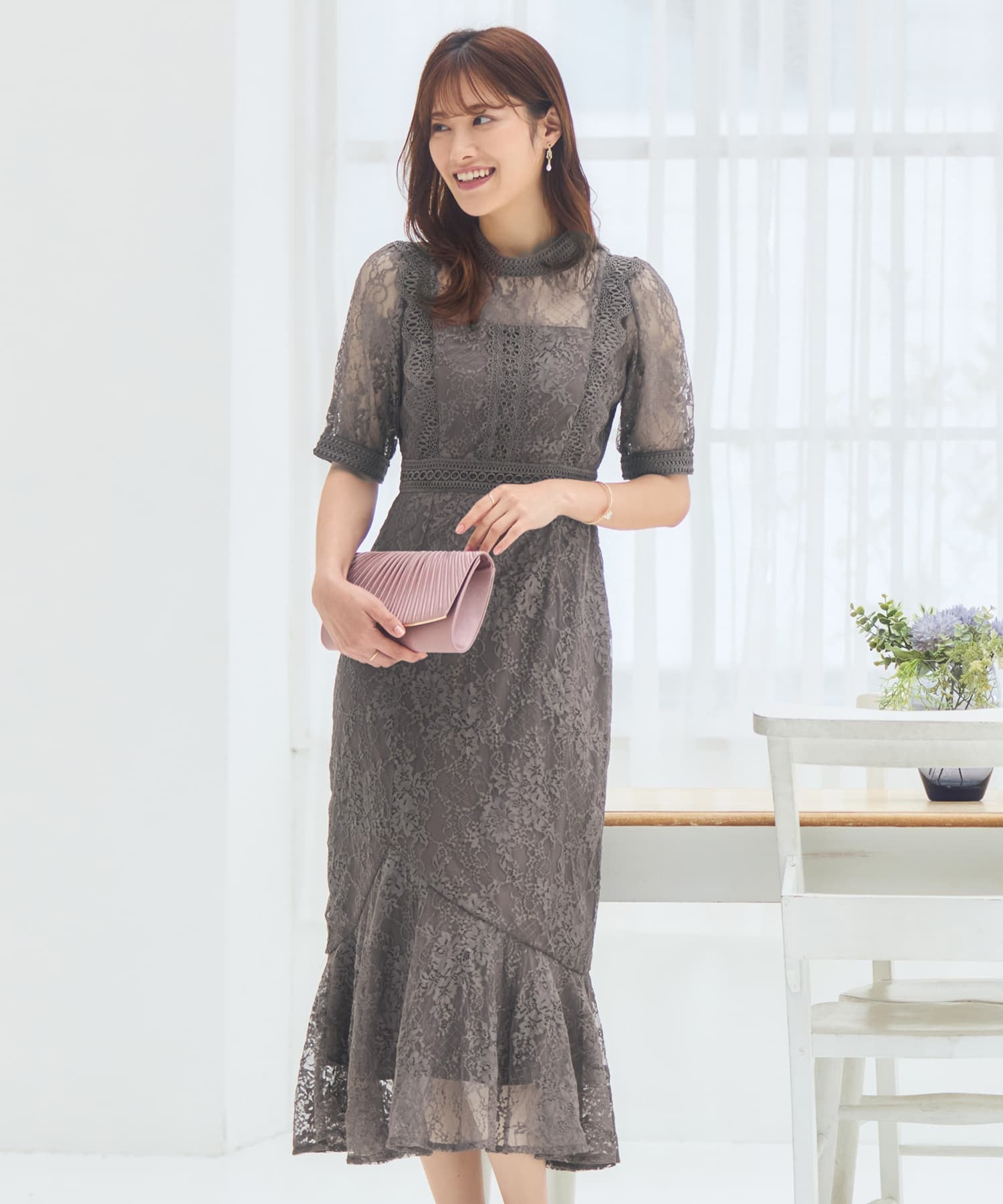 ワンピース ドレス レース タイト 結婚式 5分袖dsh0095