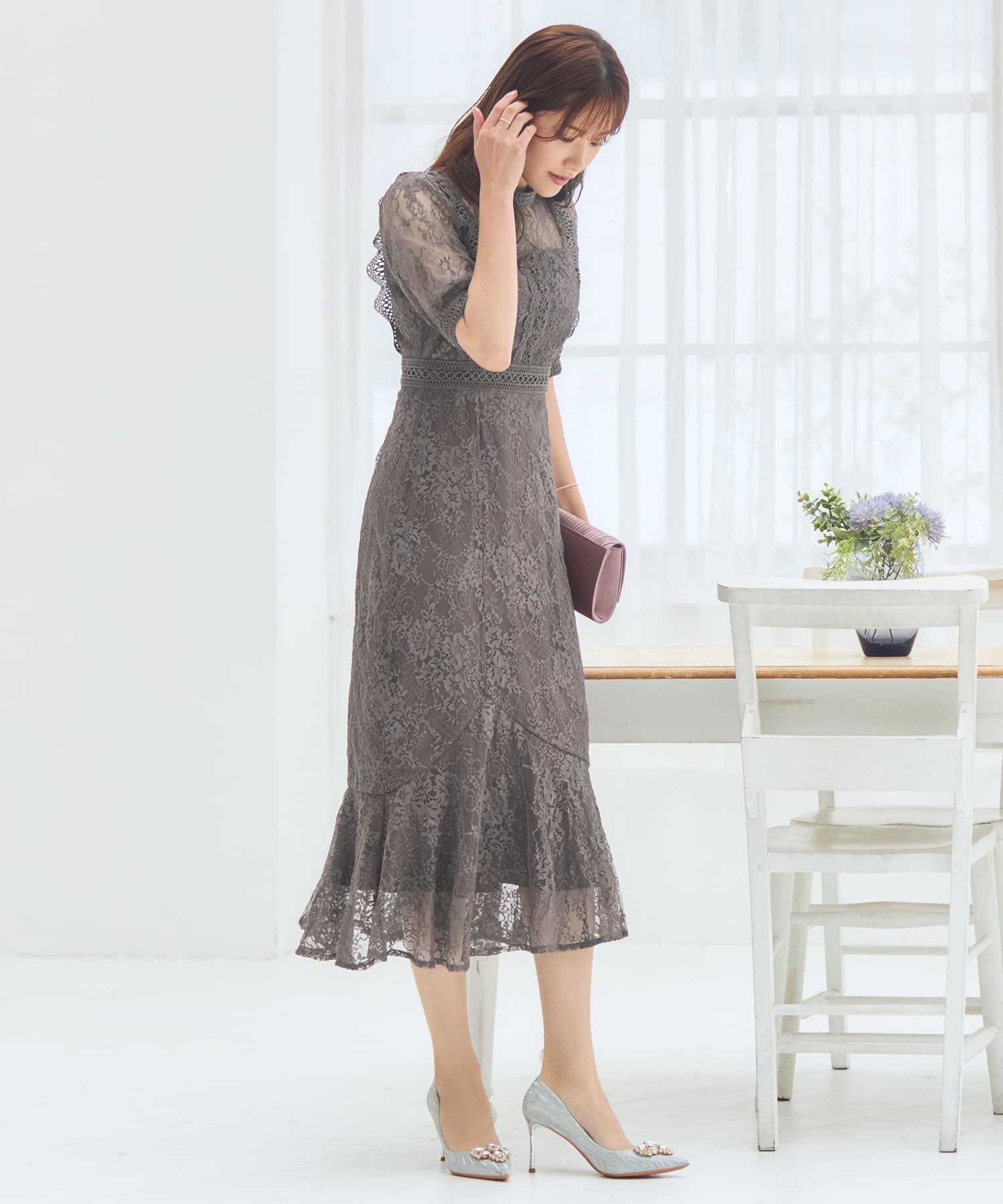 ワンピース ドレス レース タイト 結婚式 5分袖dsh0095