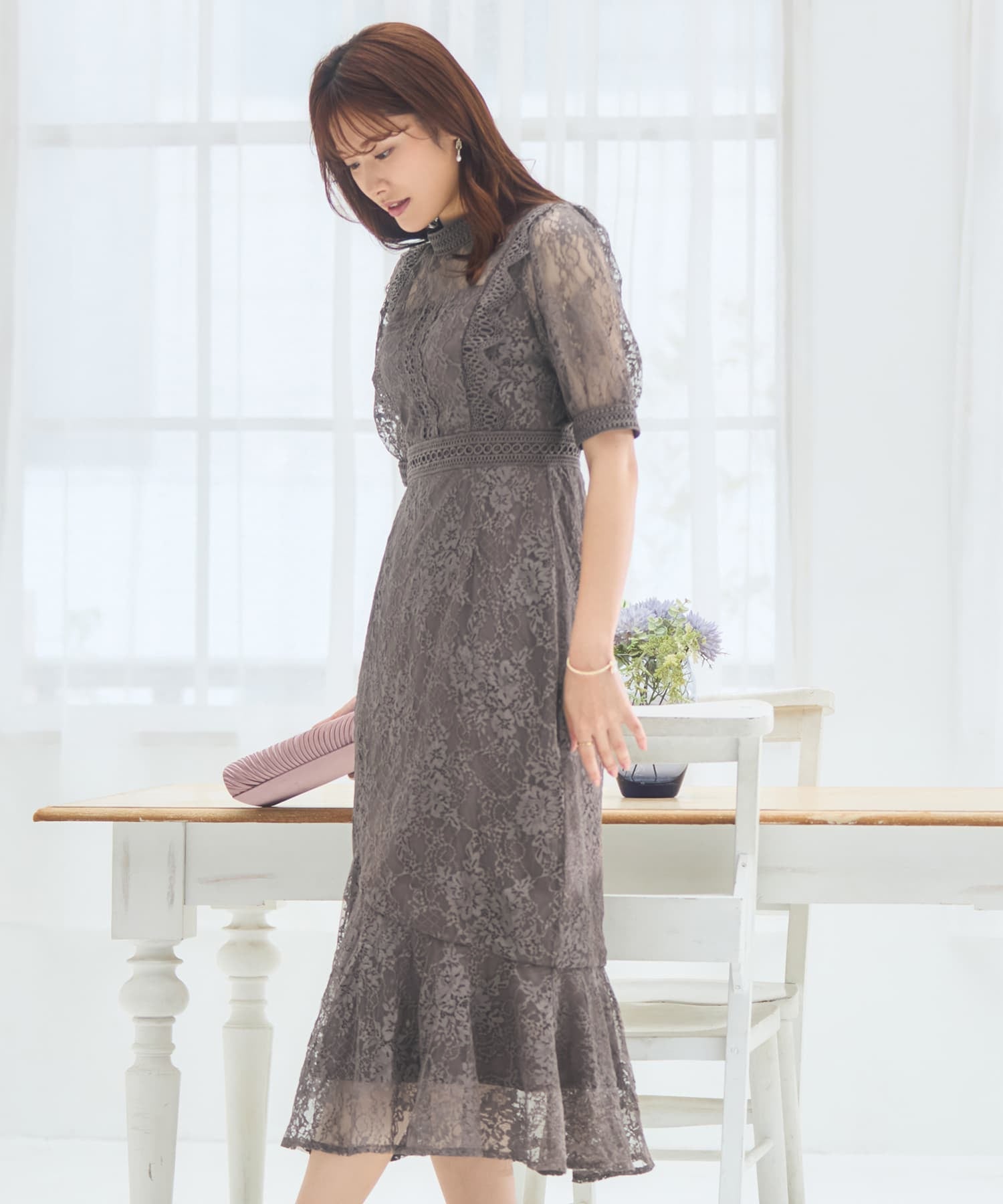 ワンピース ドレス レース タイト 結婚式 5分袖dsh0095