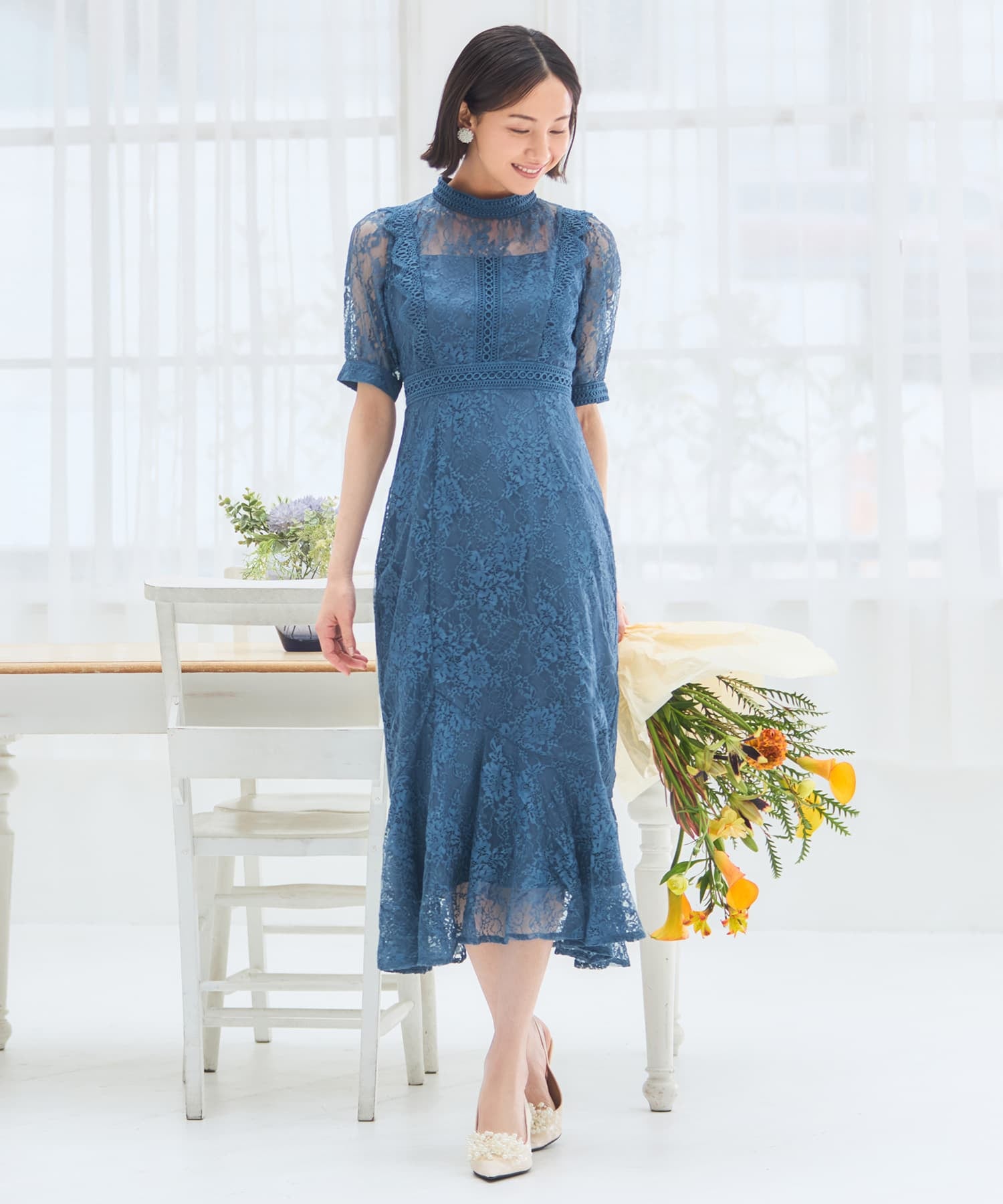 ワンピース ドレス レース タイト 結婚式 5分袖dsh0095