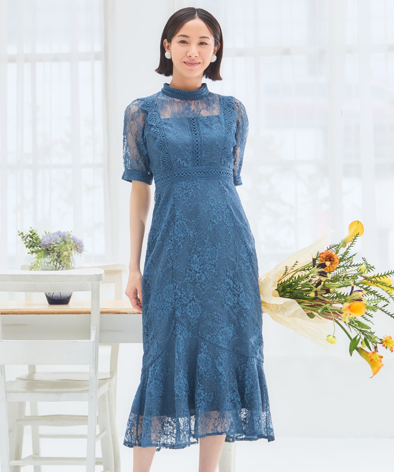 ワンピース ドレス レース タイト 結婚式 5分袖dsh0095