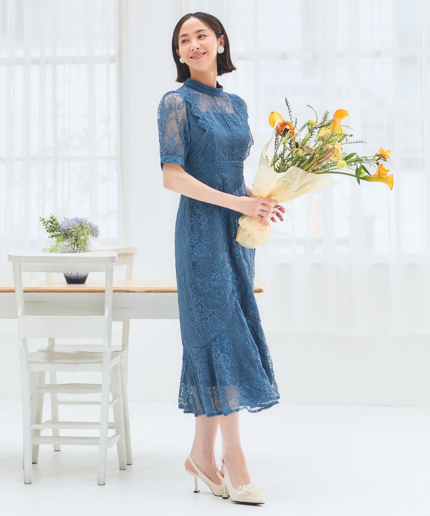 ワンピース ドレス レース タイト 結婚式 5分袖 ブルー – DRESS+