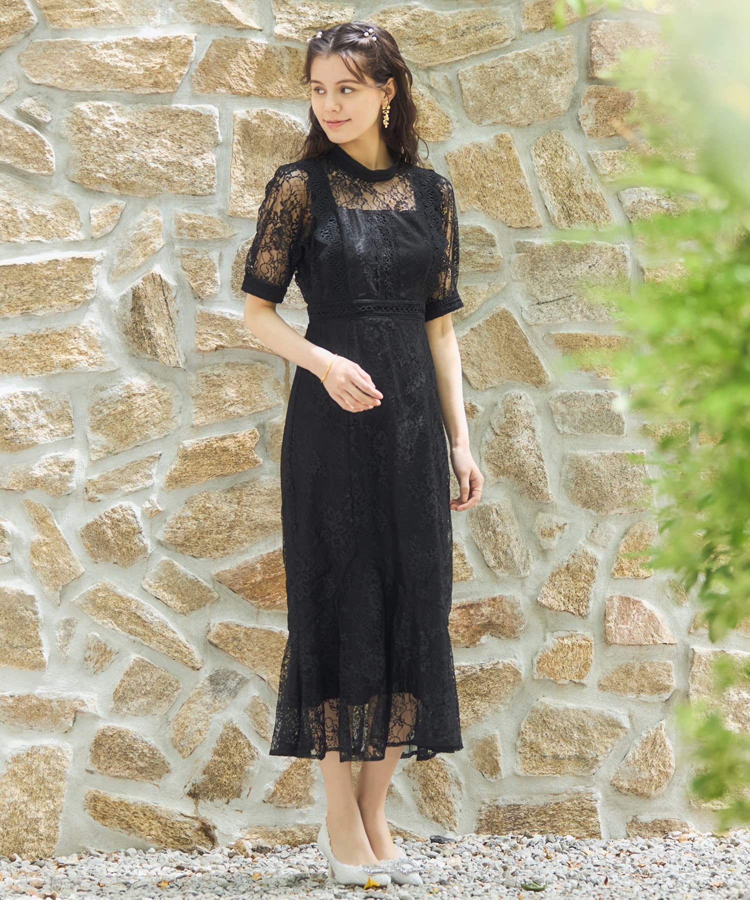 ワンピース ドレス レース タイト 結婚式 5分袖dsh0095