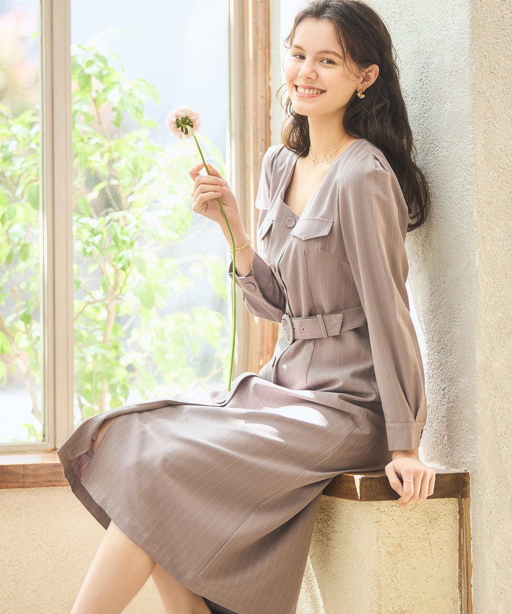 フォーマル ワンピース オフィスカジュアル 袖あり アッシュ