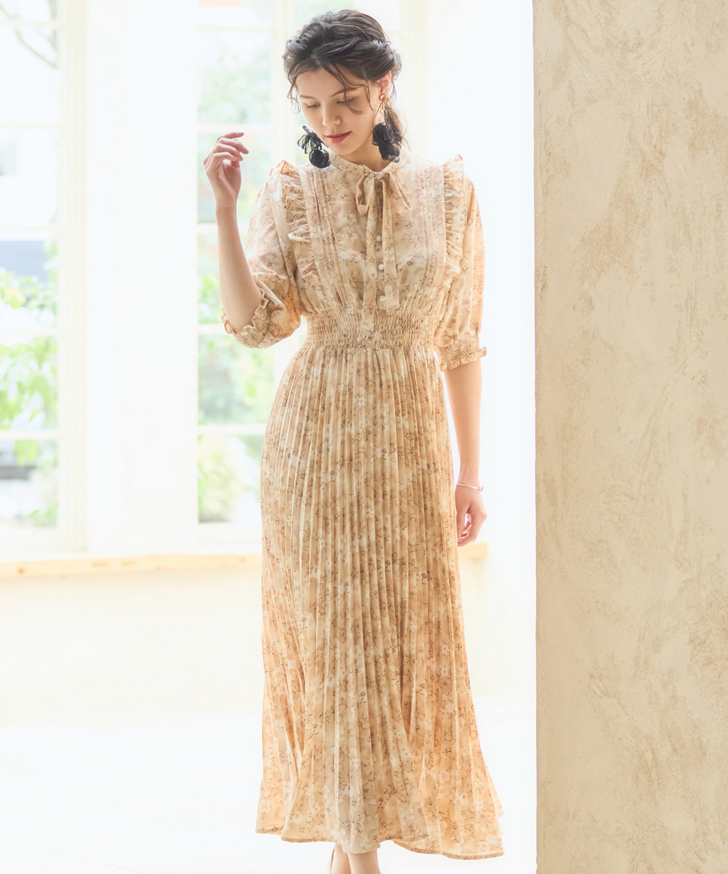 ワンピース 花柄 レトロ柄 半袖 プリーツ ミモレ丈dsh0098