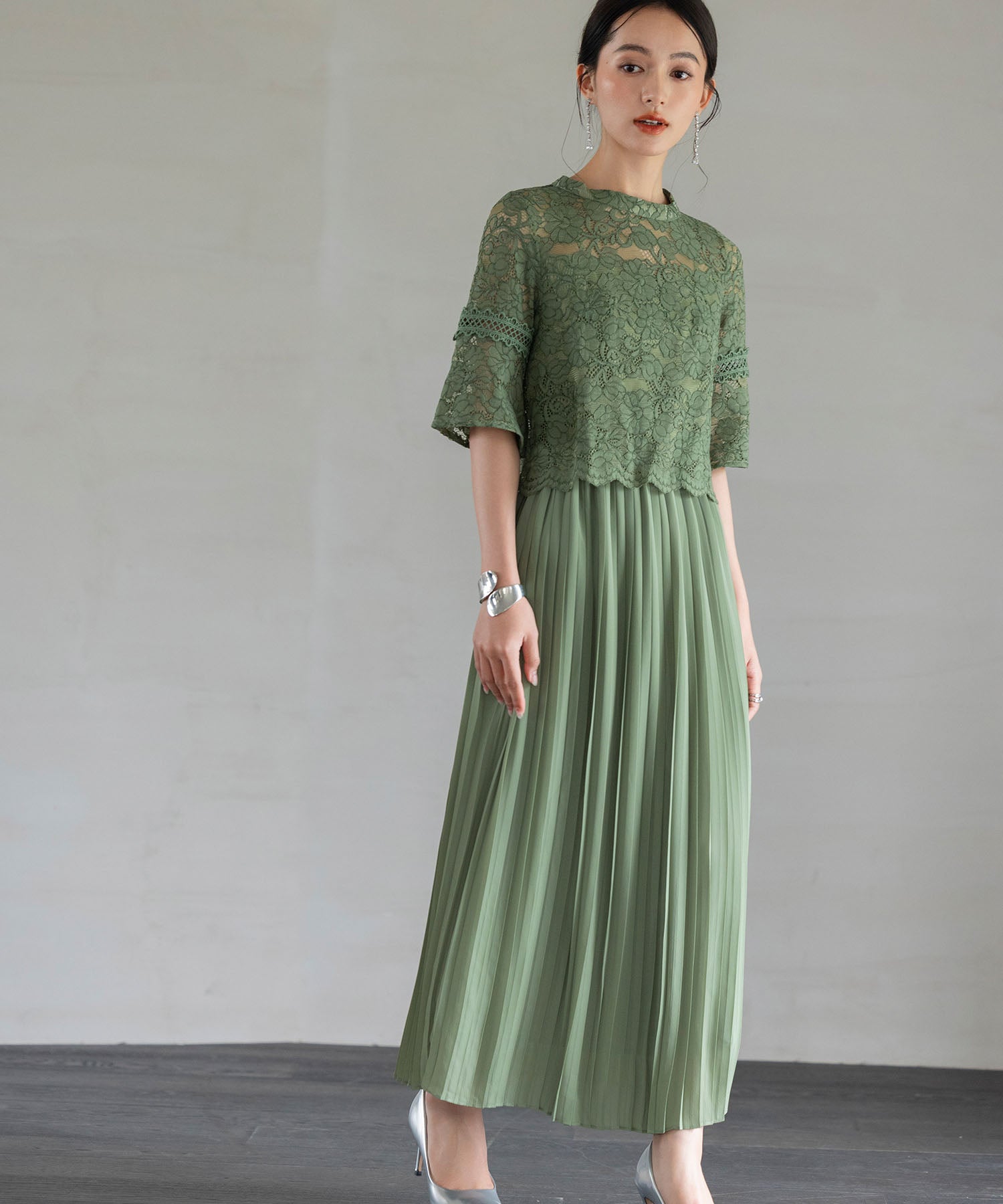 ワンピース ドレス レース プリーツ パーティードレス 結婚式dsj0017