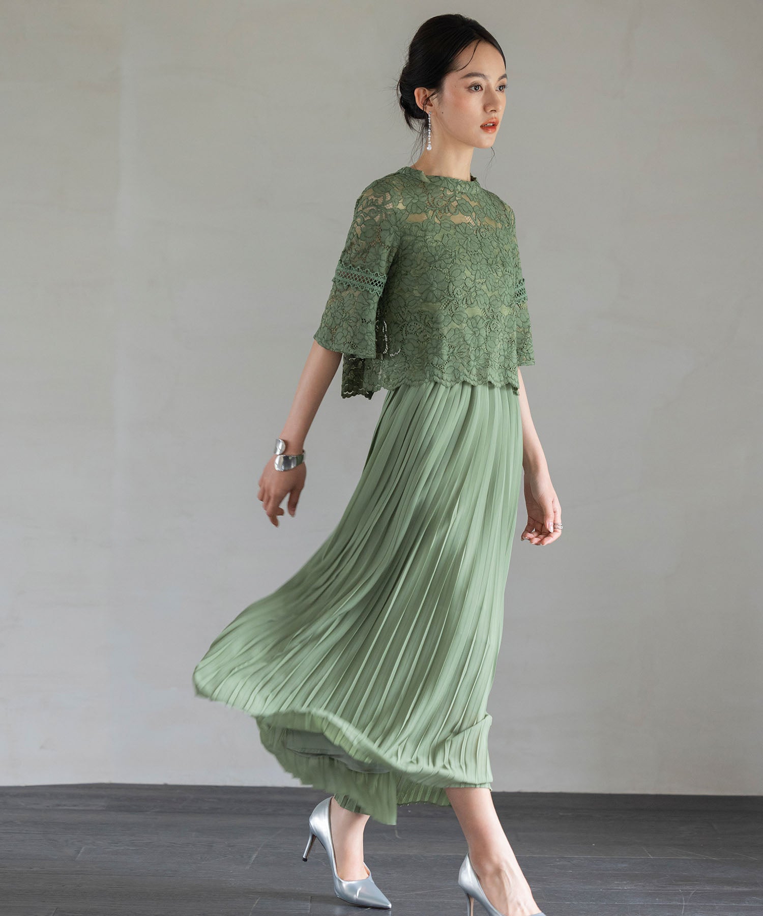 ワンピース ドレス レース プリーツ パーティードレス 結婚式dsj0017