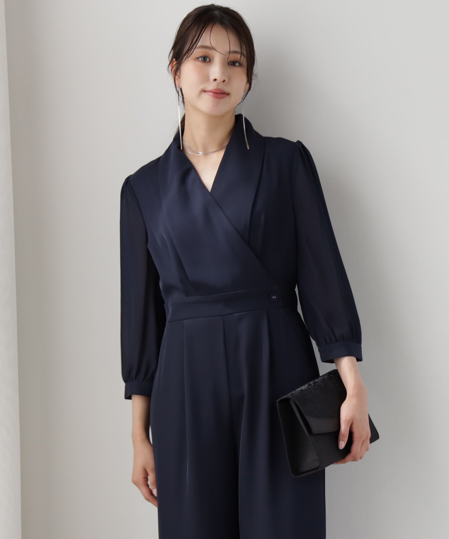 ジャンプスーツ パンツドレス シフォン S M L XL パーティー 結婚式dsj0049 ネイビー
