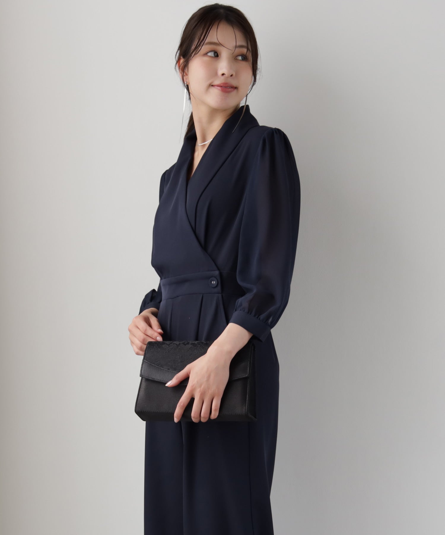 ジャンプスーツ パンツドレス シフォン S M L XL パーティー 結婚式dsj0049 ネイビー