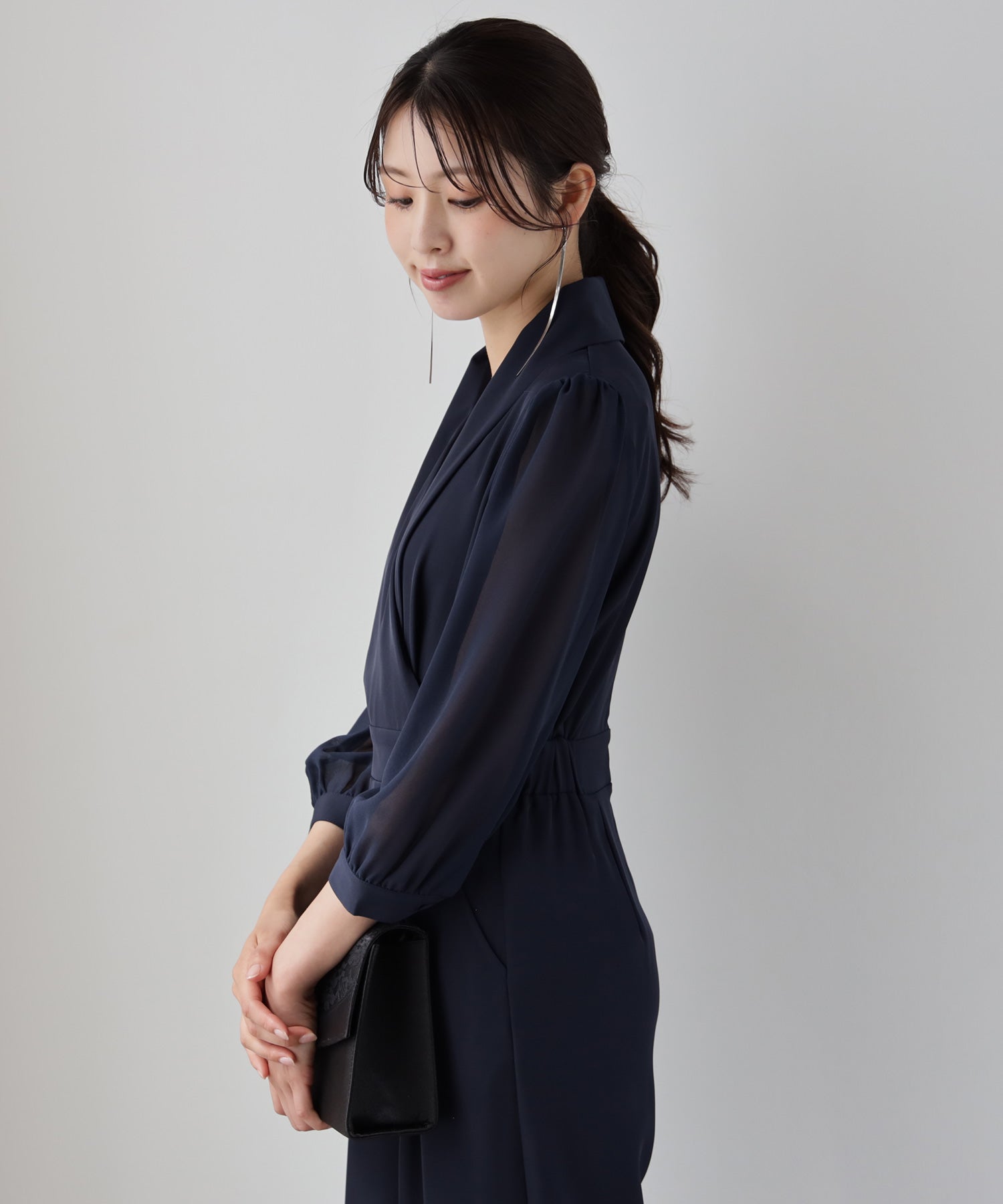 ジャンプスーツ パンツドレス シフォン S M L XL パーティー 結婚式dsj0049 ネイビー