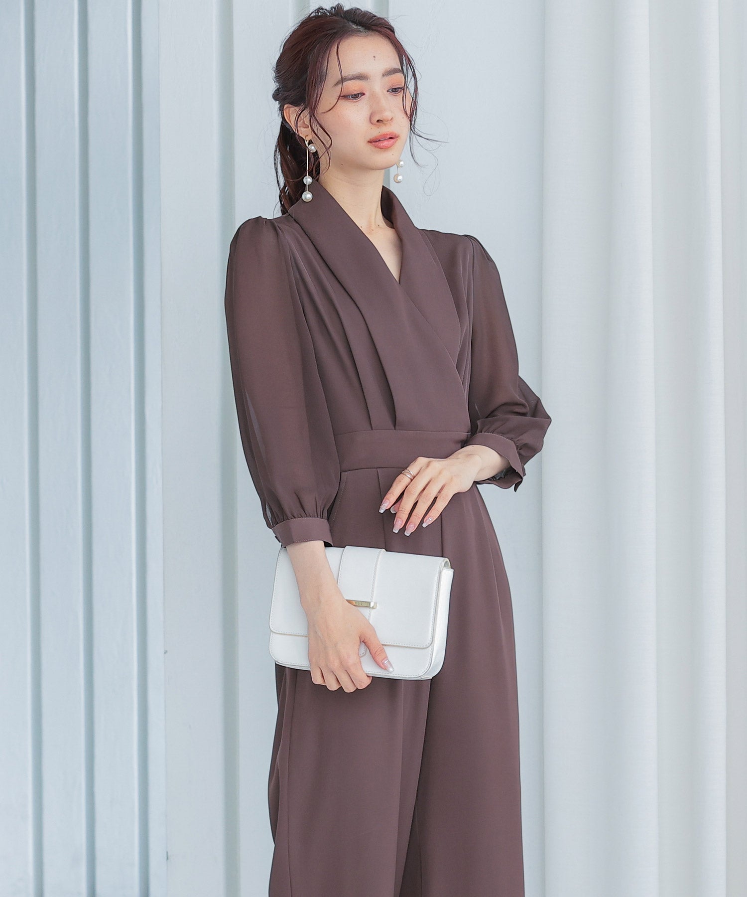 ジャンプスーツ パンツドレス シフォン S M L XL パーティー 結婚式dsj0049 ブラウン