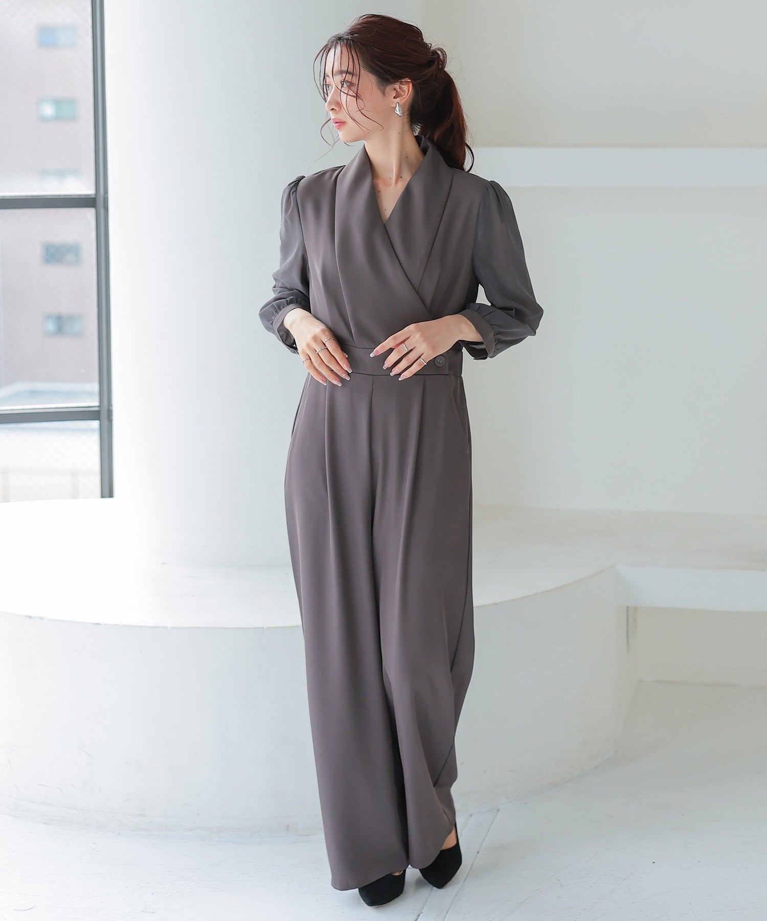 ジャンプスーツ パンツドレス シフォン S M L XL パーティー 結婚式dsj0049 チャコール