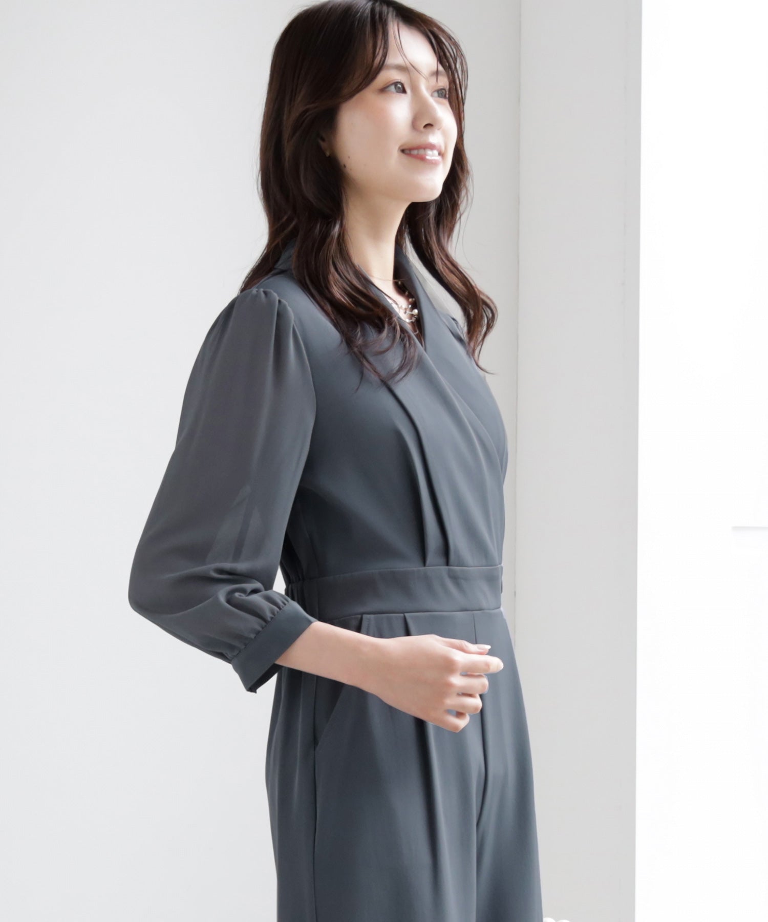 ジャンプスーツ パンツドレス シフォン S M L XL パーティー 結婚式dsj0049 ブルーグレー