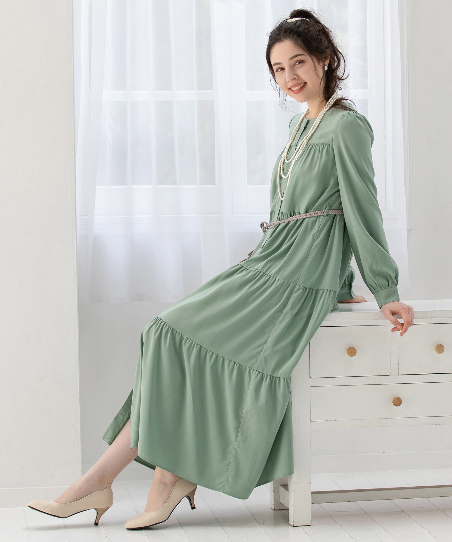 ワンピース ガウン フレア Aライン 長袖 ティアード 春 夏 秋dsj0061