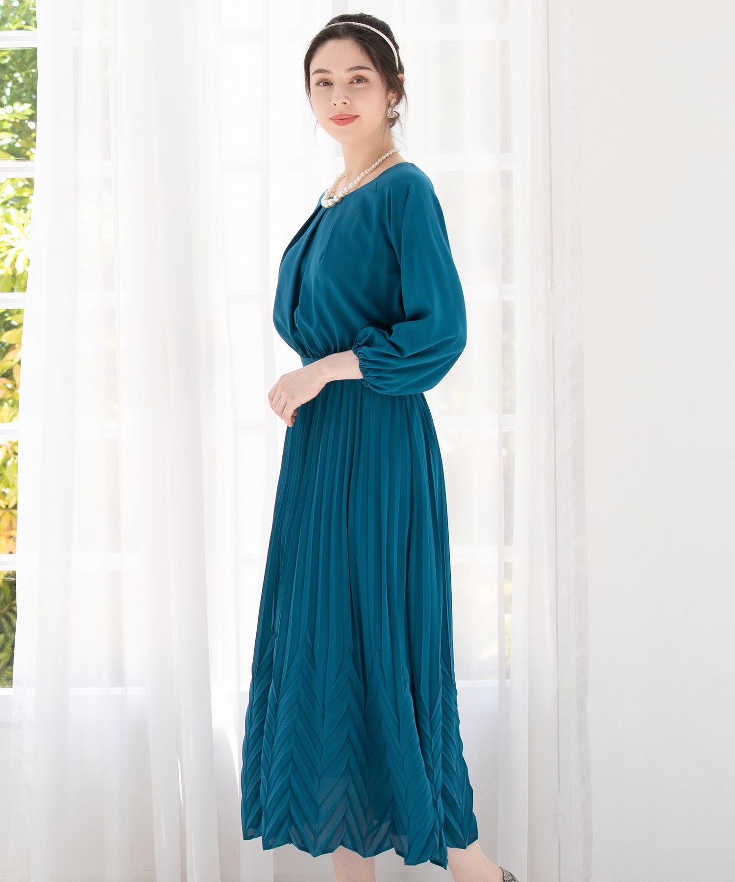 ワンピース Aライン プリーツ ミモレ丈 結婚式 パーティードレスdsj0065