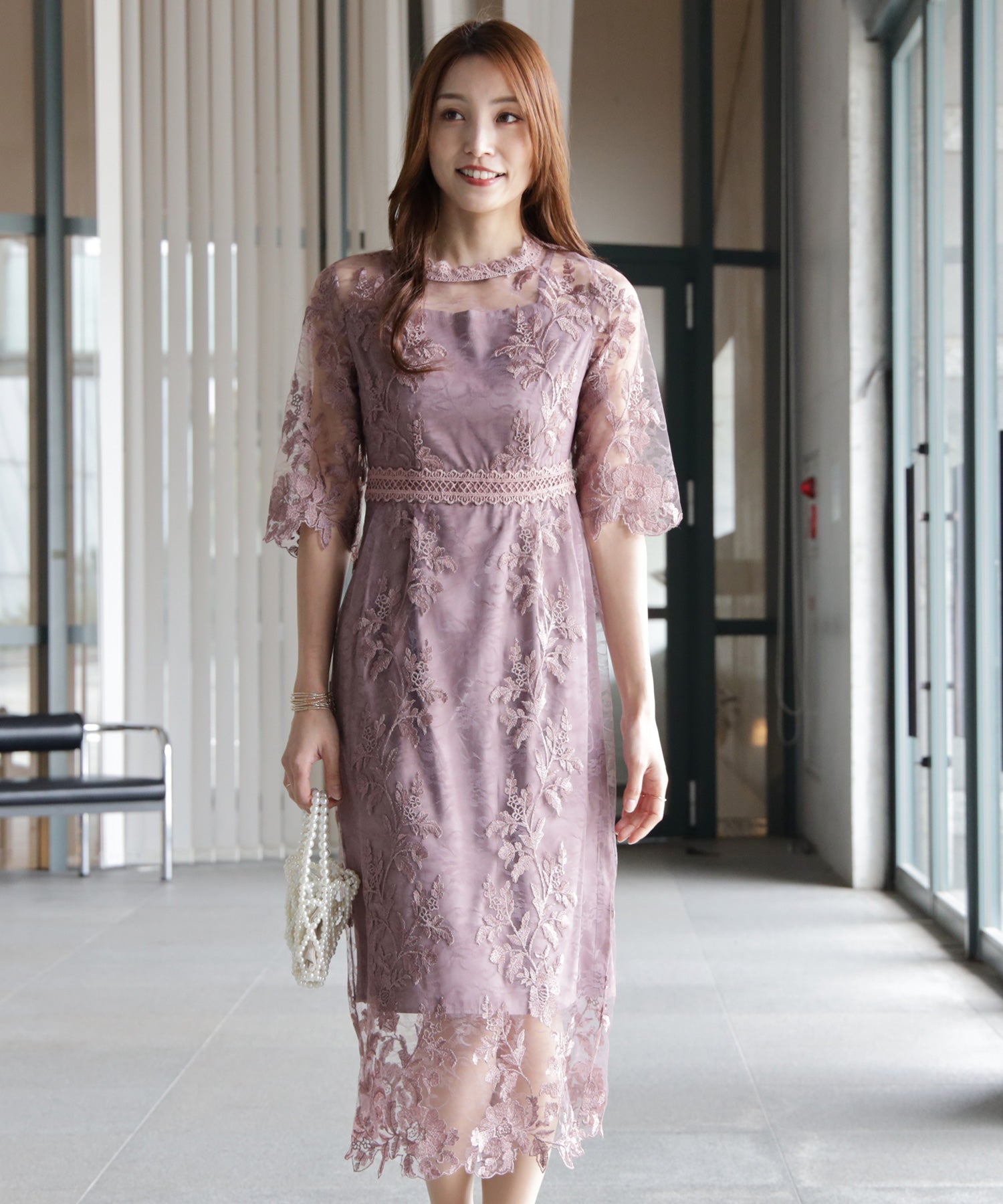 ワンピース ドレス 総レース ミモレ丈 結婚式dsm0113