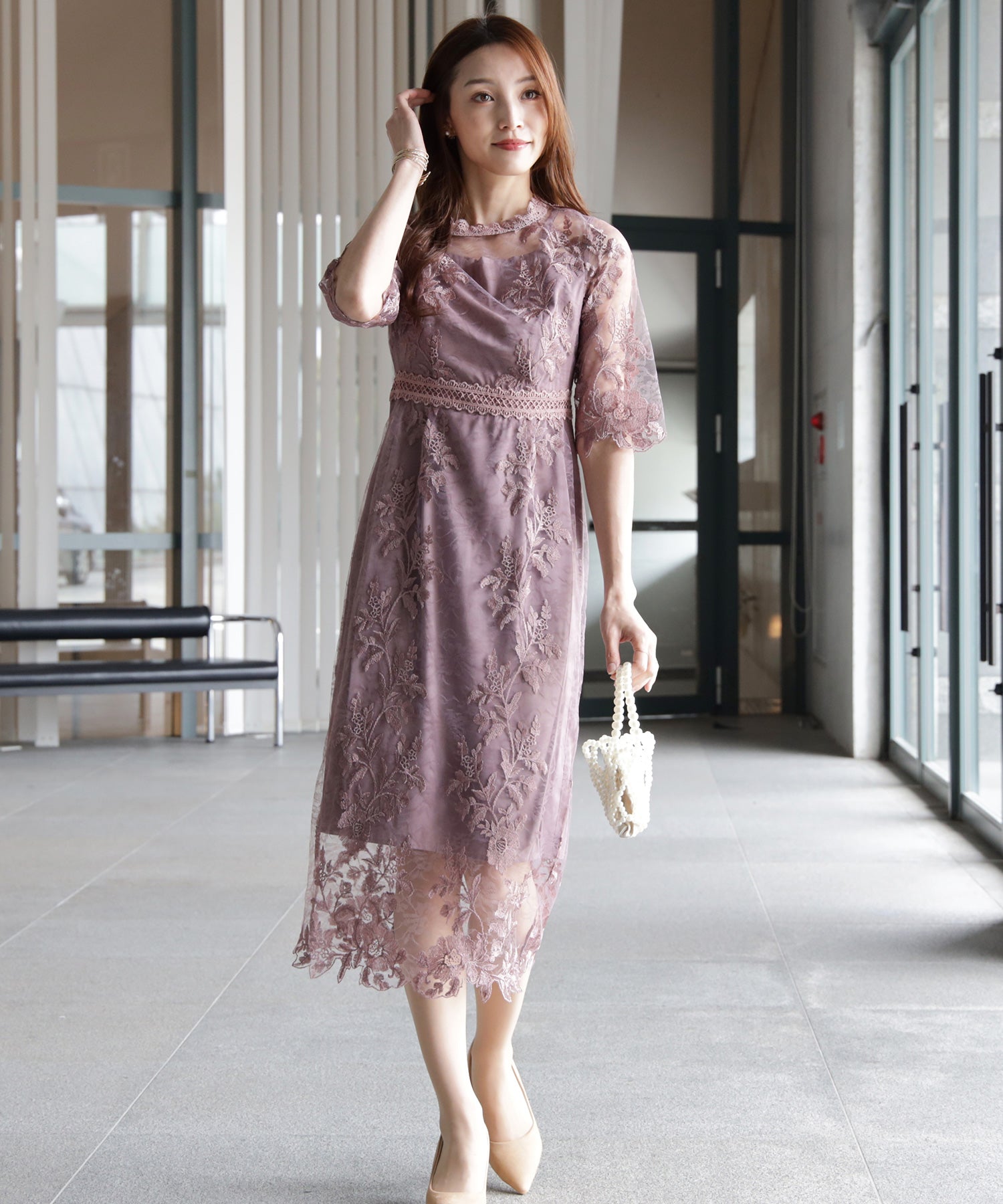 ワンピース ドレス 総レース ミモレ丈 結婚式dsm0113-102-100