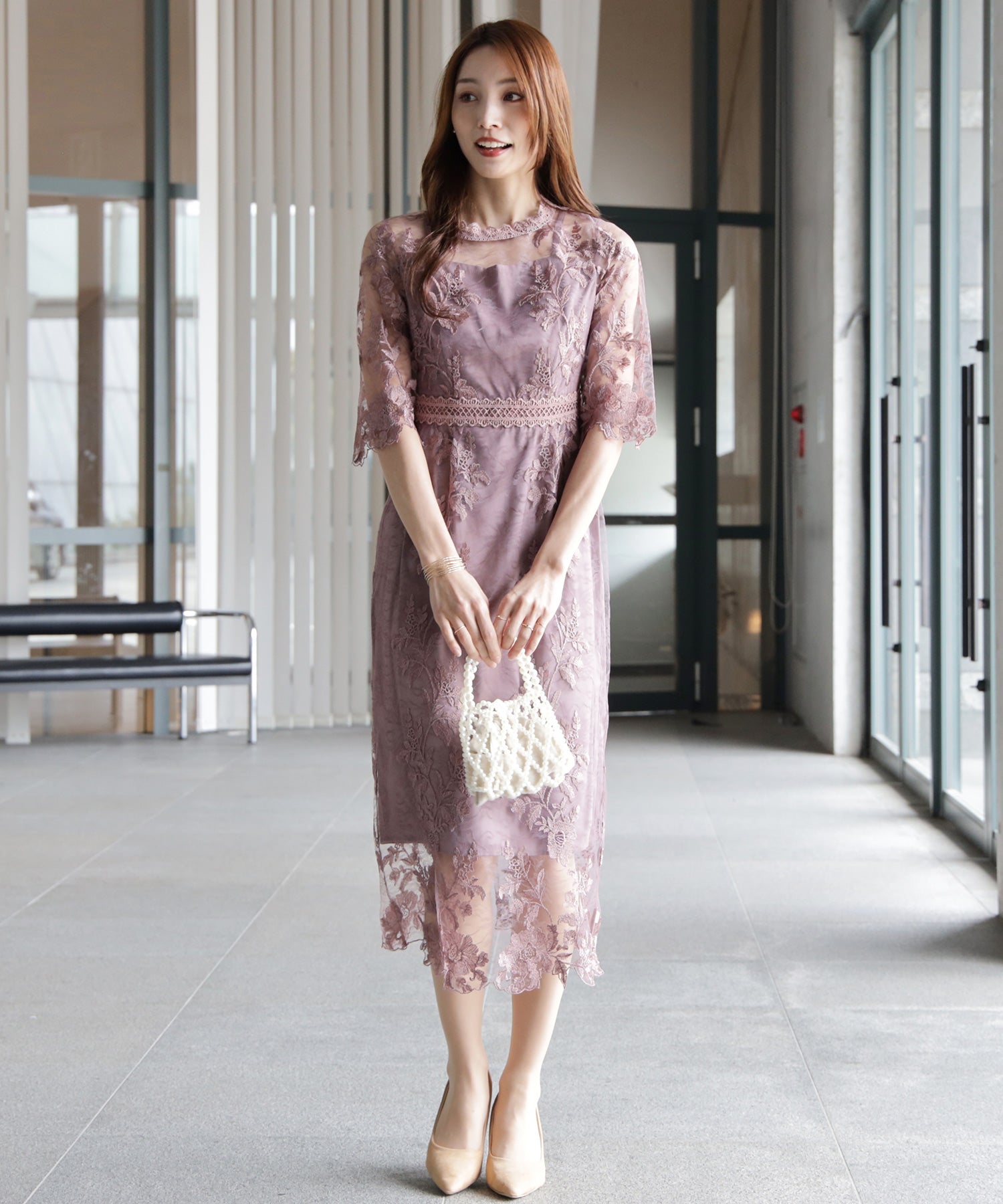 ワンピース ドレス 総レース ミモレ丈 結婚式dsm0113