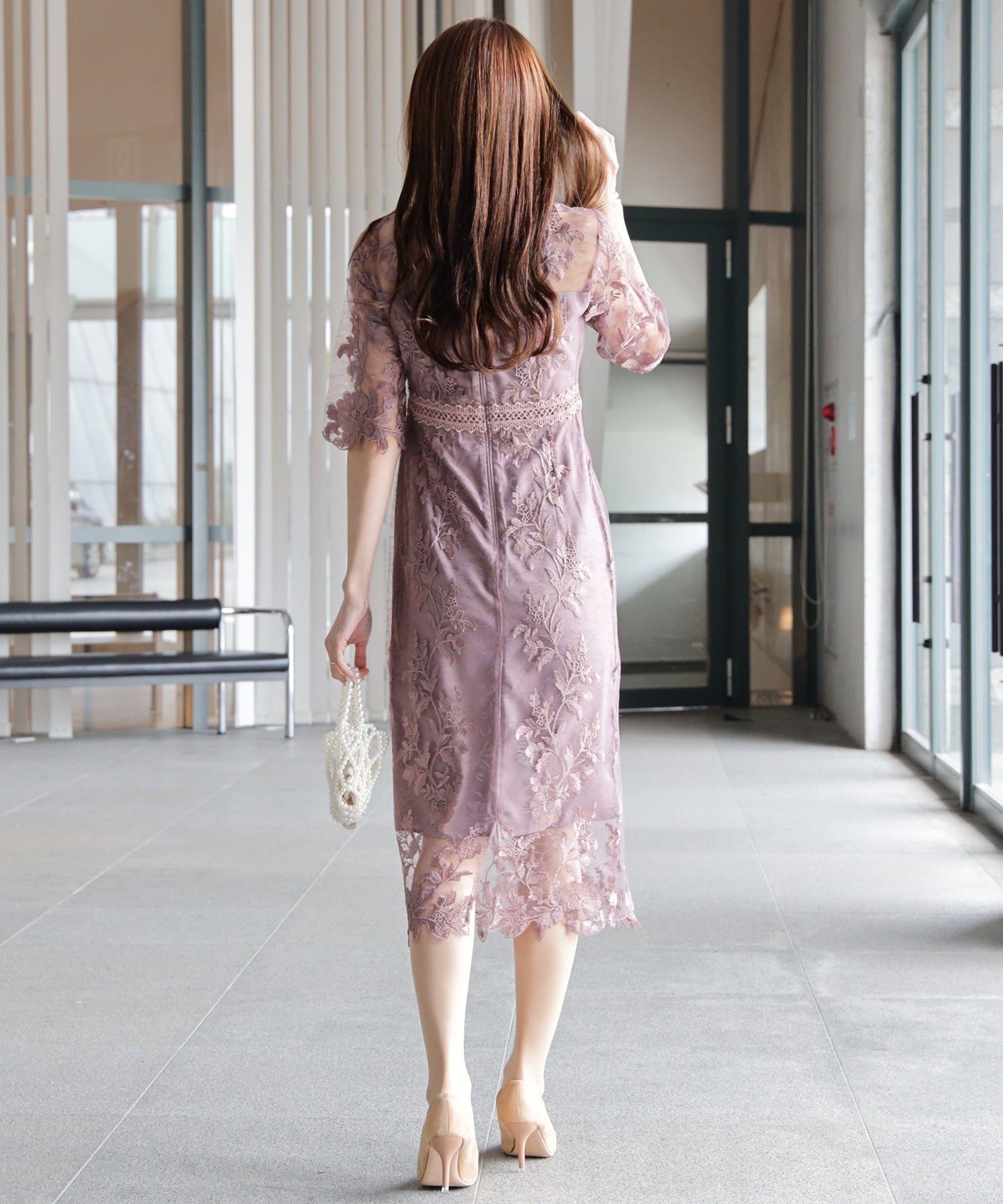 ワンピース ドレス 総レース ミモレ丈 結婚式dsm0113