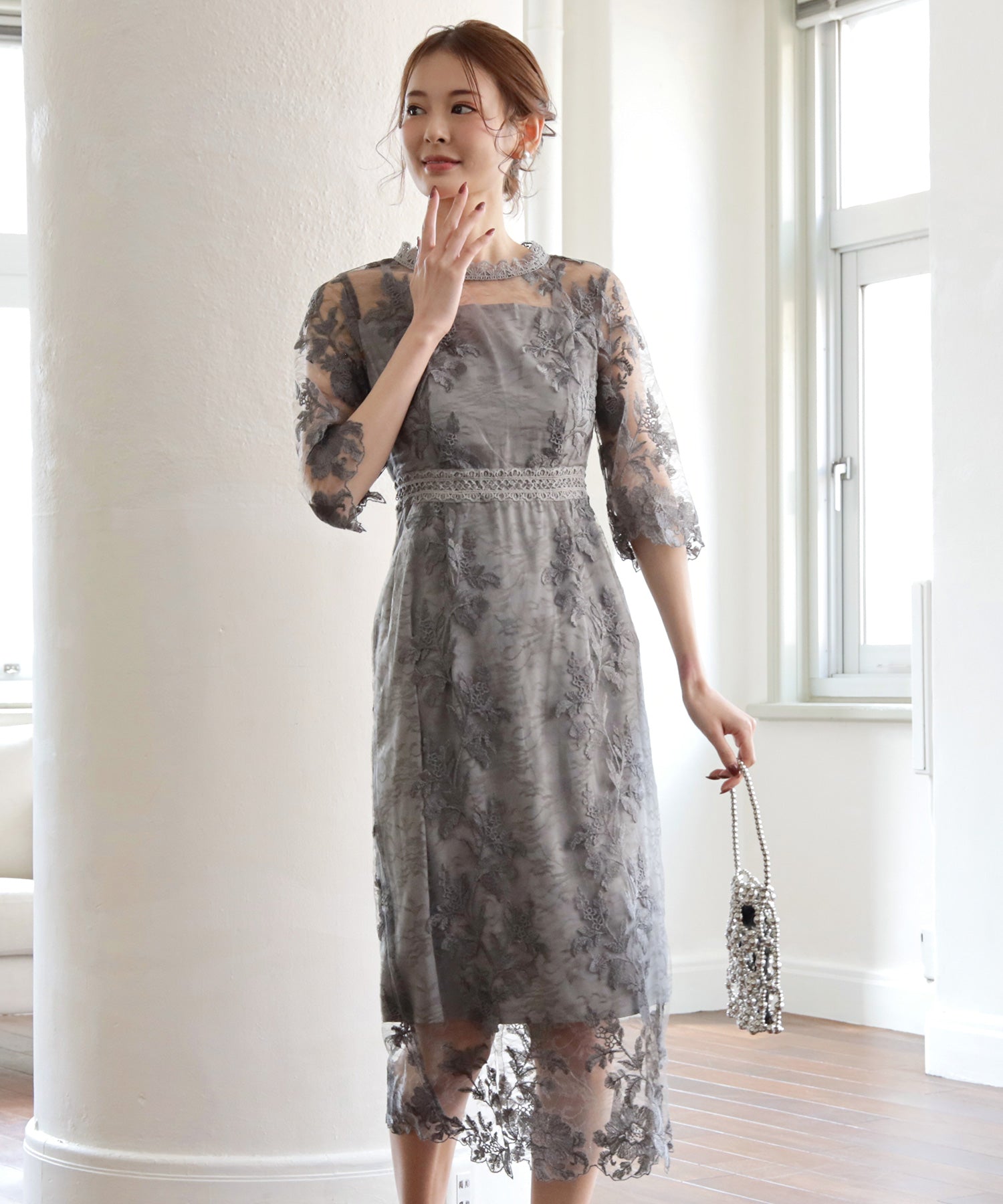 ワンピース ドレス 総レース ミモレ丈 結婚式dsm0113