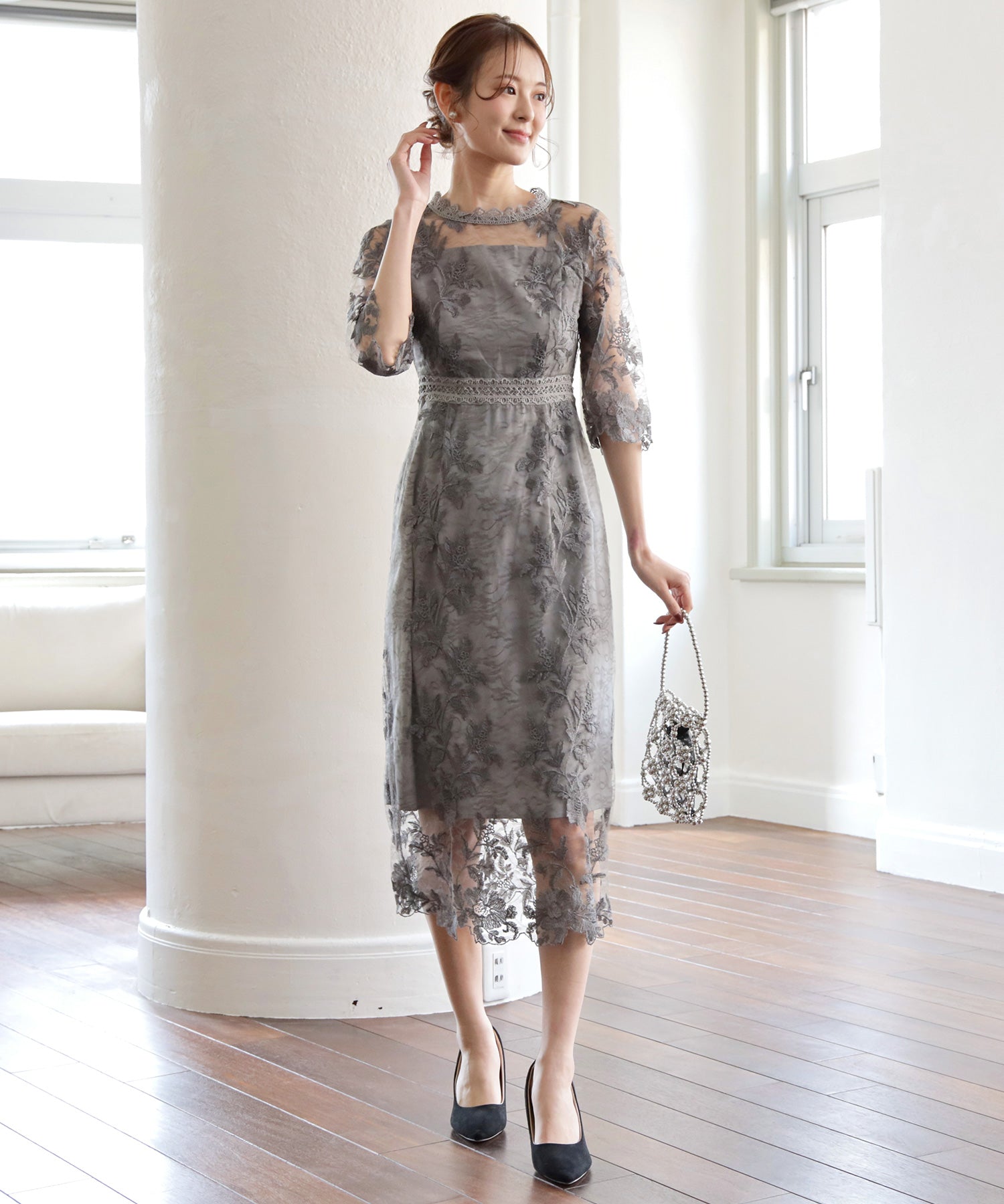 ワンピース ドレス 総レース ミモレ丈 結婚式dsm0113-102-2
