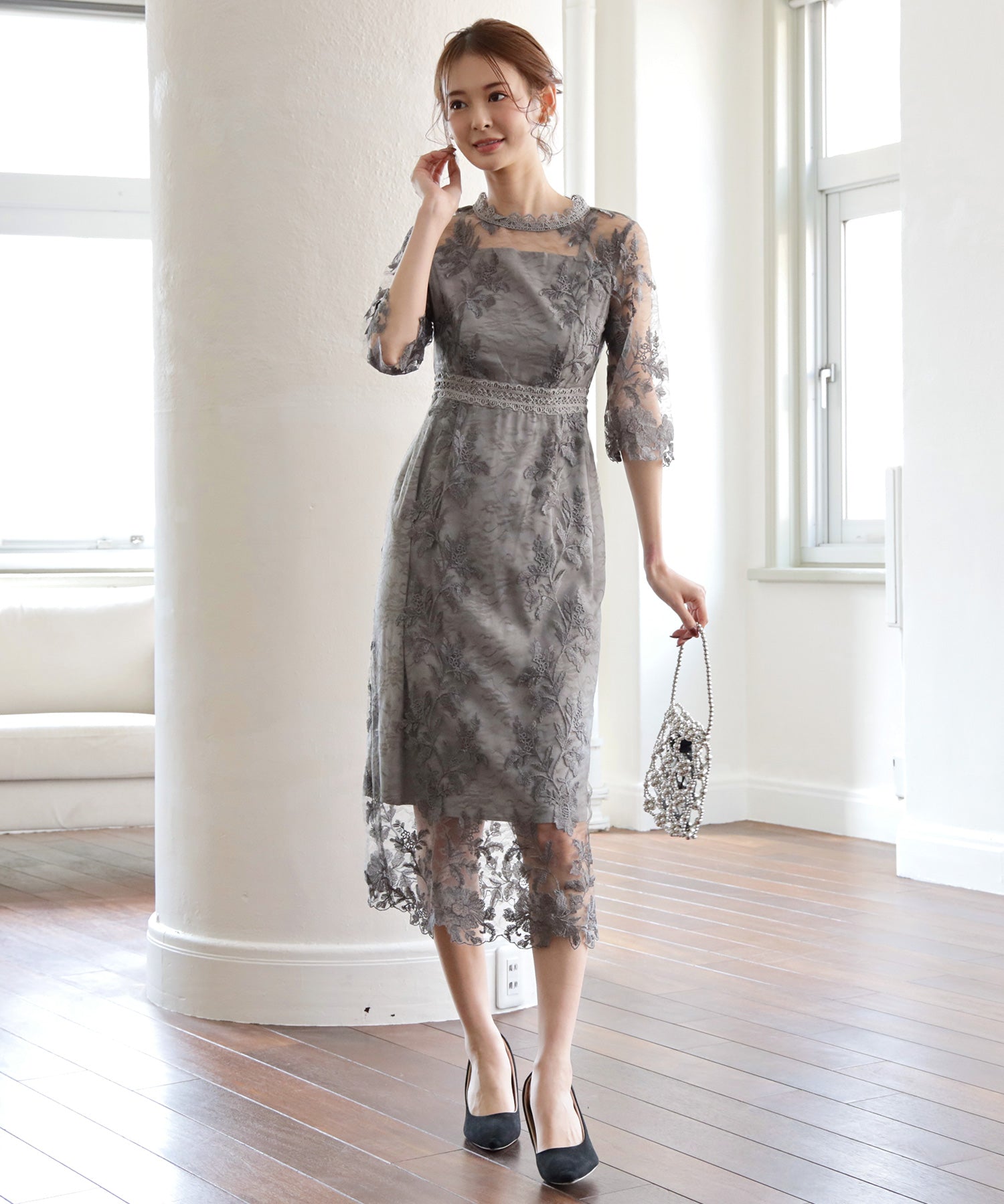 ワンピース ドレス 総レース ミモレ丈 結婚式dsm0113