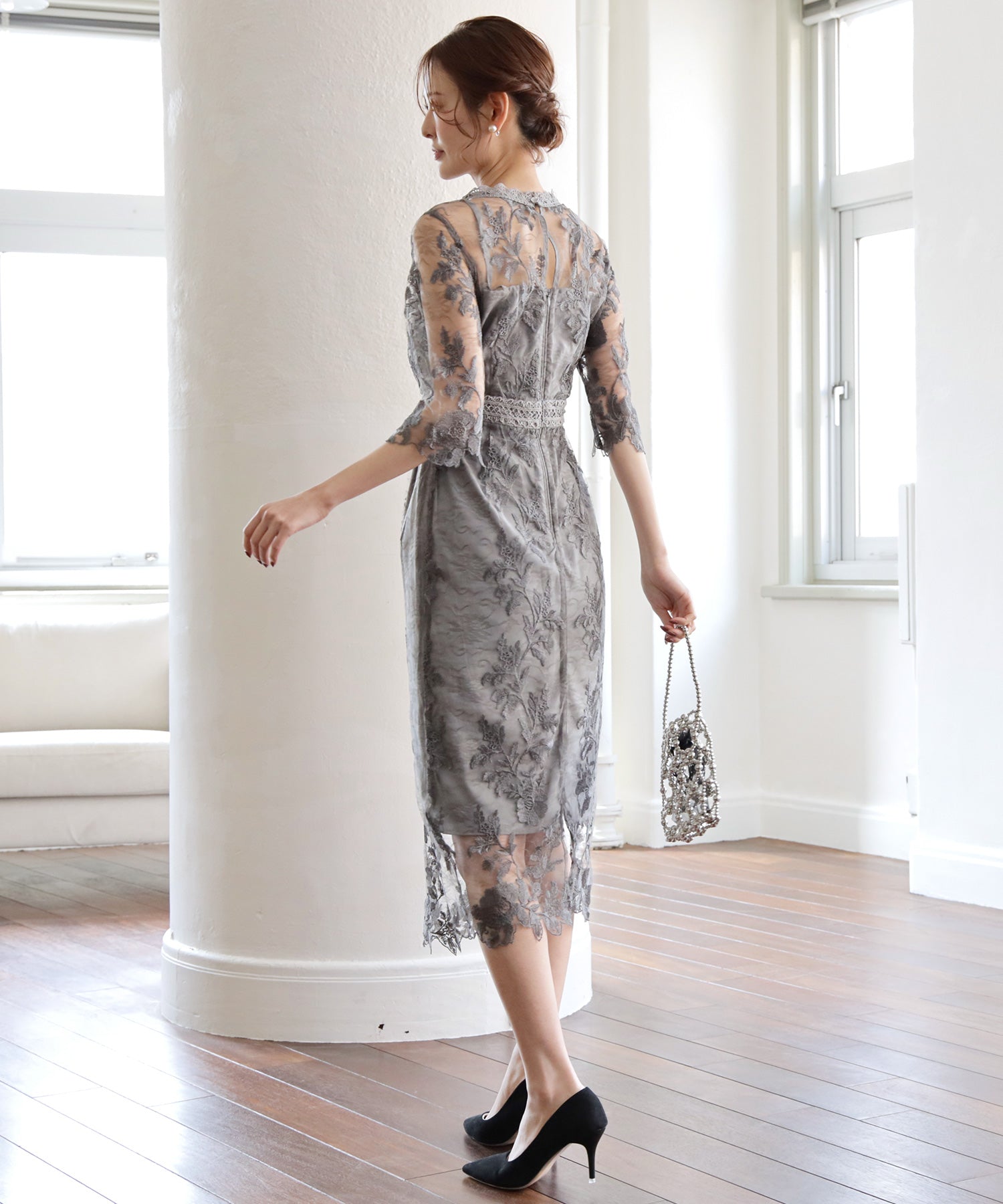 ワンピース ドレス 総レース ミモレ丈 結婚式dsm0113