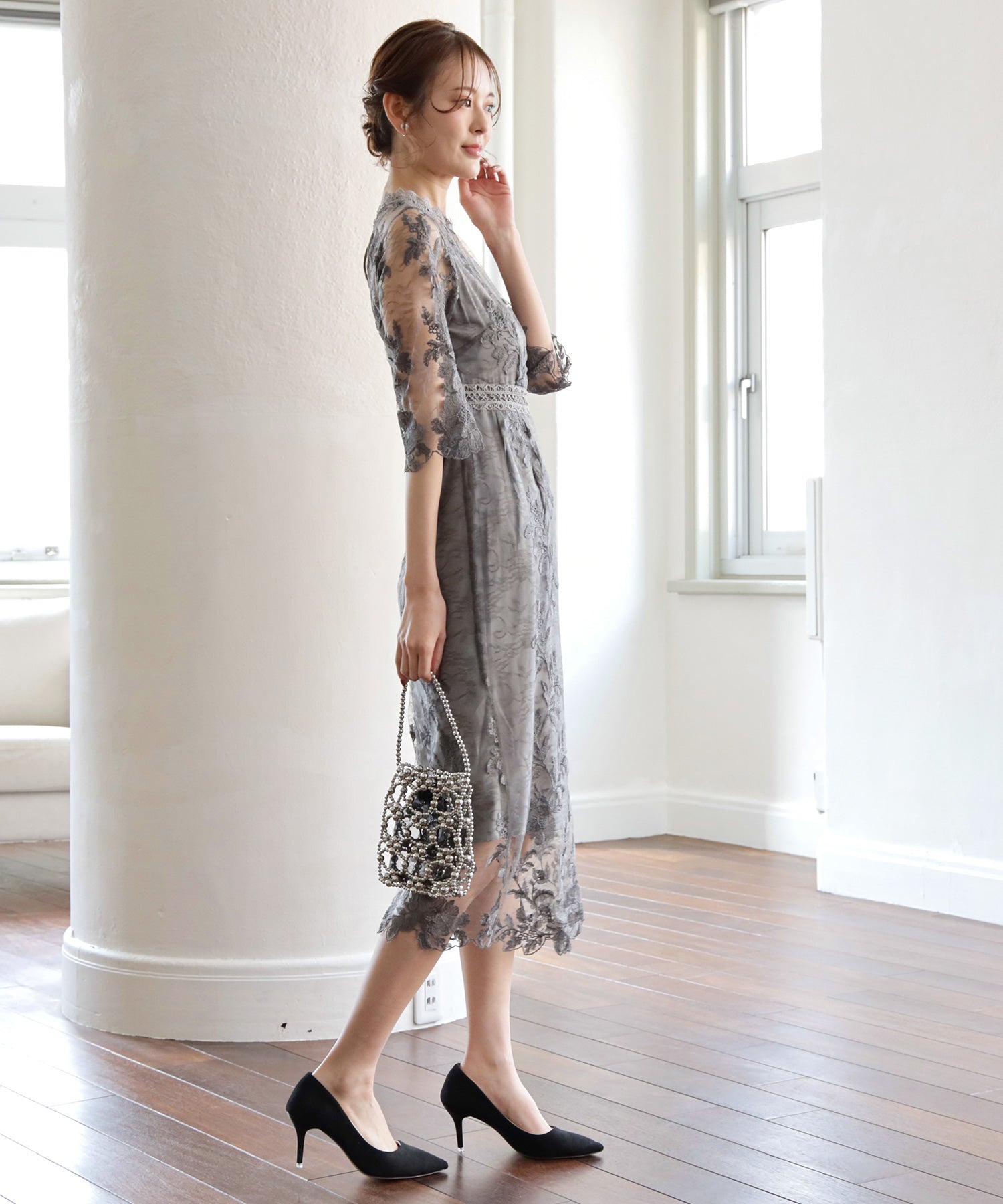 ワンピース ドレス 総レース ミモレ丈 結婚式dsm0113