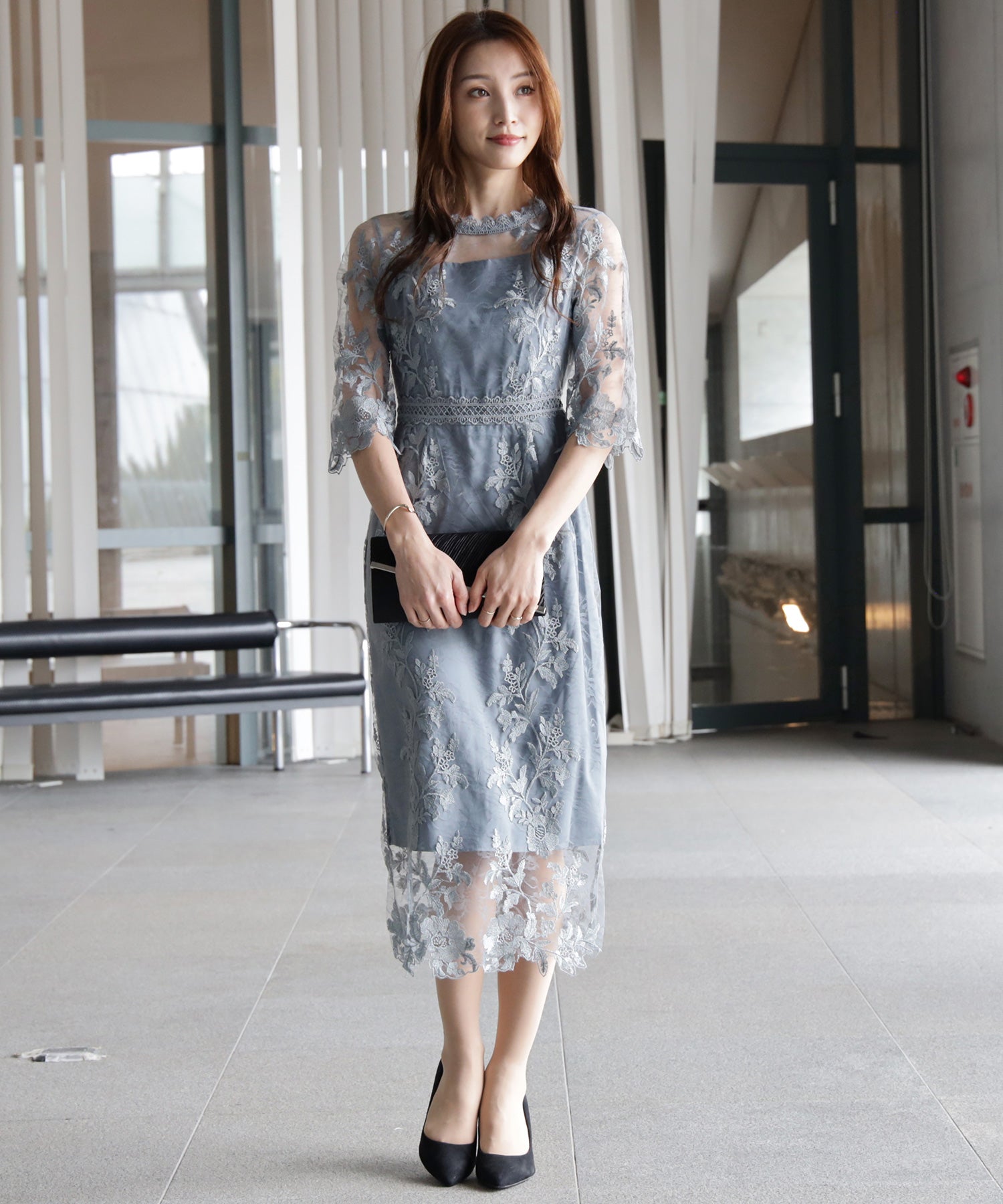 ワンピース ドレス 総レース ミモレ丈 結婚式dsm0113