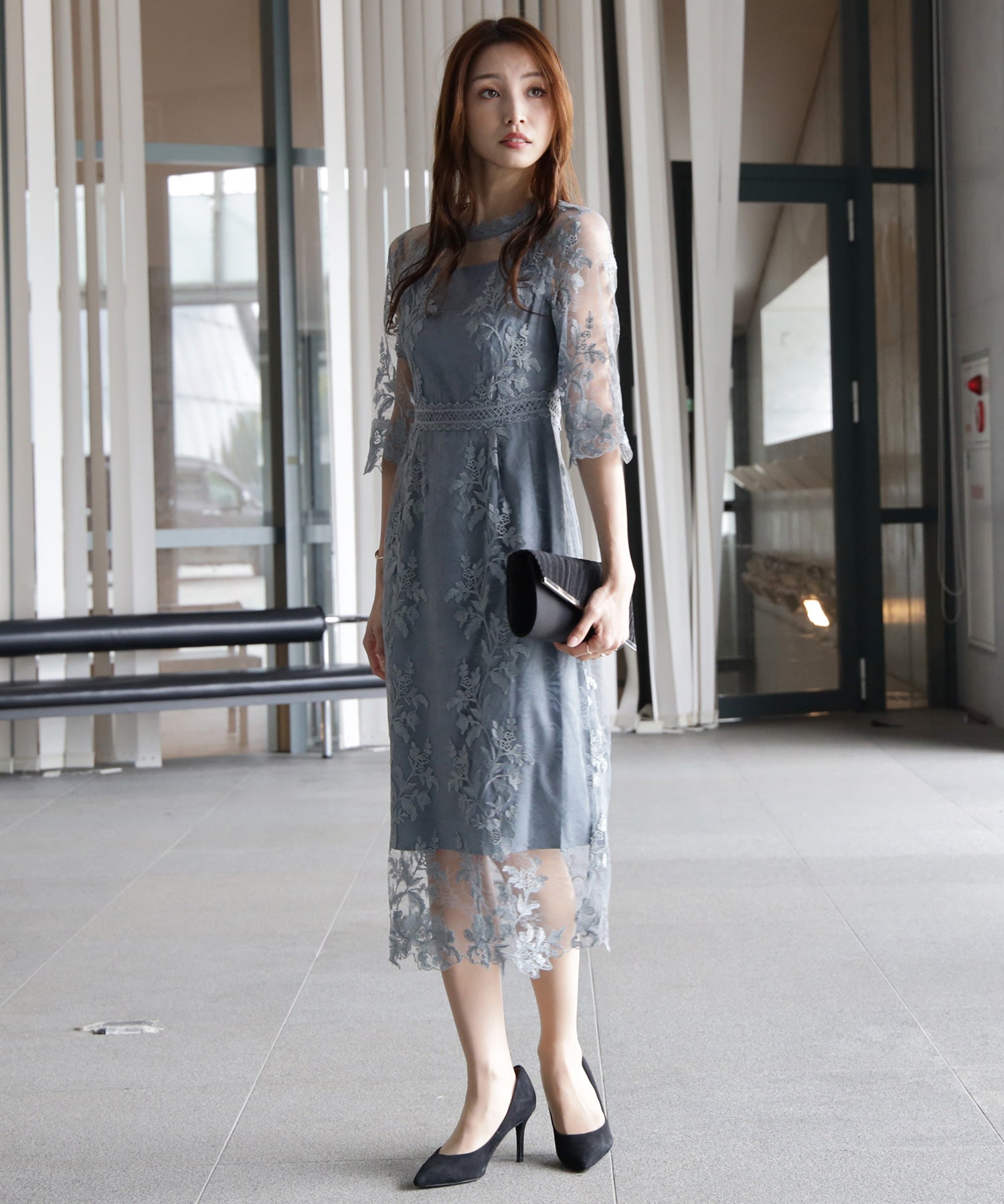 ワンピース ドレス 総レース ミモレ丈 結婚式dsm0113