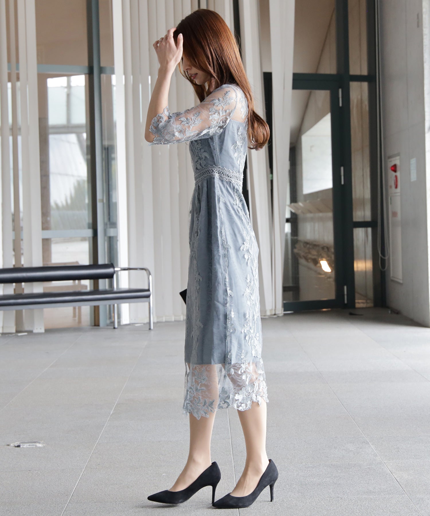 ワンピース ドレス 総レース ミモレ丈 結婚式dsm0113