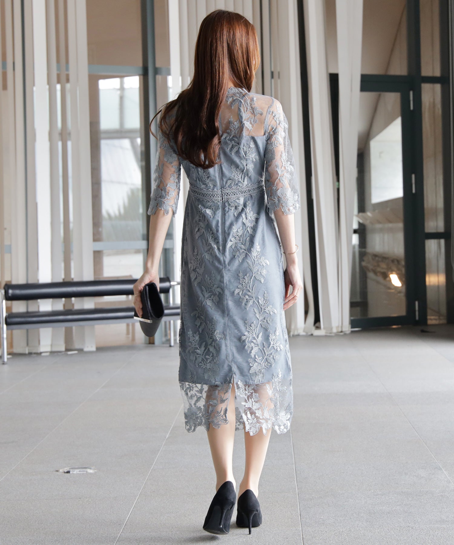 ワンピース ドレス 総レース ミモレ丈 結婚式dsm0113