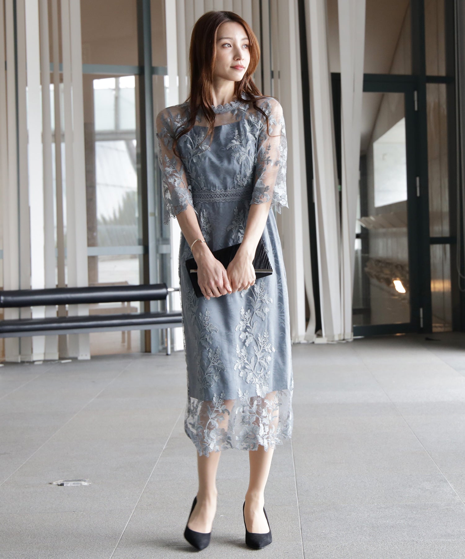 ワンピース ドレス 総レース ミモレ丈 結婚式dsm0113