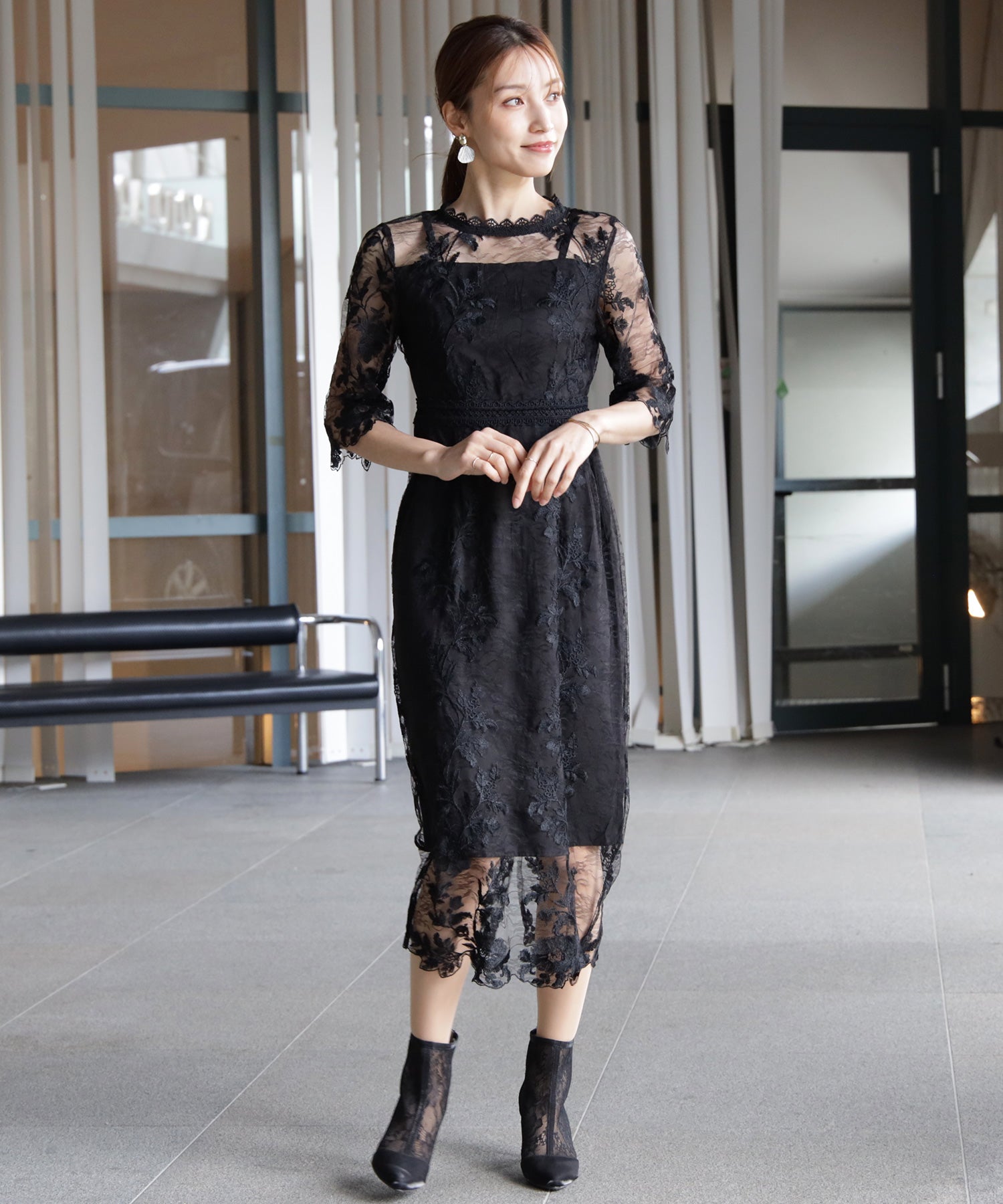 ワンピース ドレス 総レース ミモレ丈 結婚式dsm0113